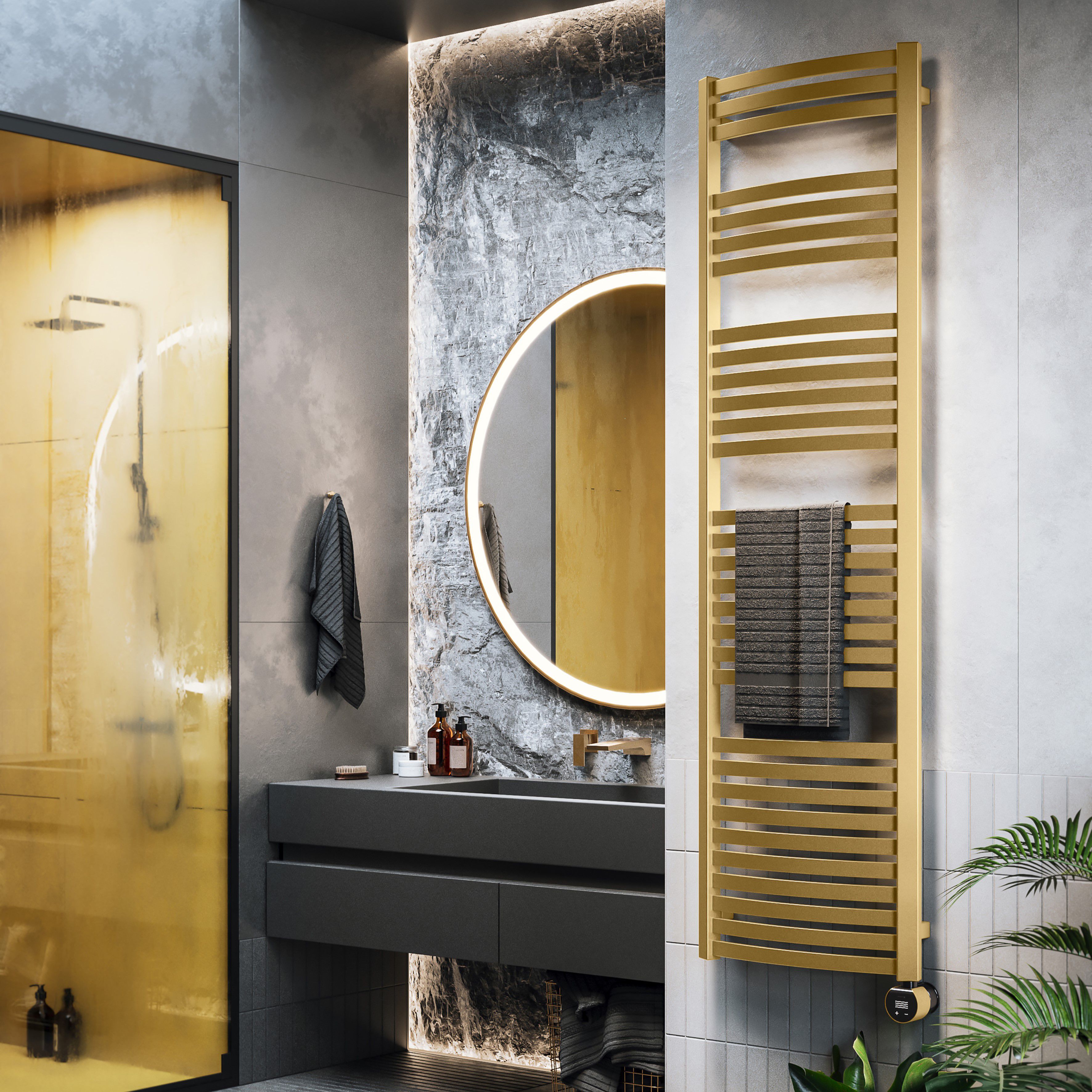 Terma Dexter Matt brass Oil-filled 2728BTU Electric towel radiator (H) 1760mm x (W) 500mm
