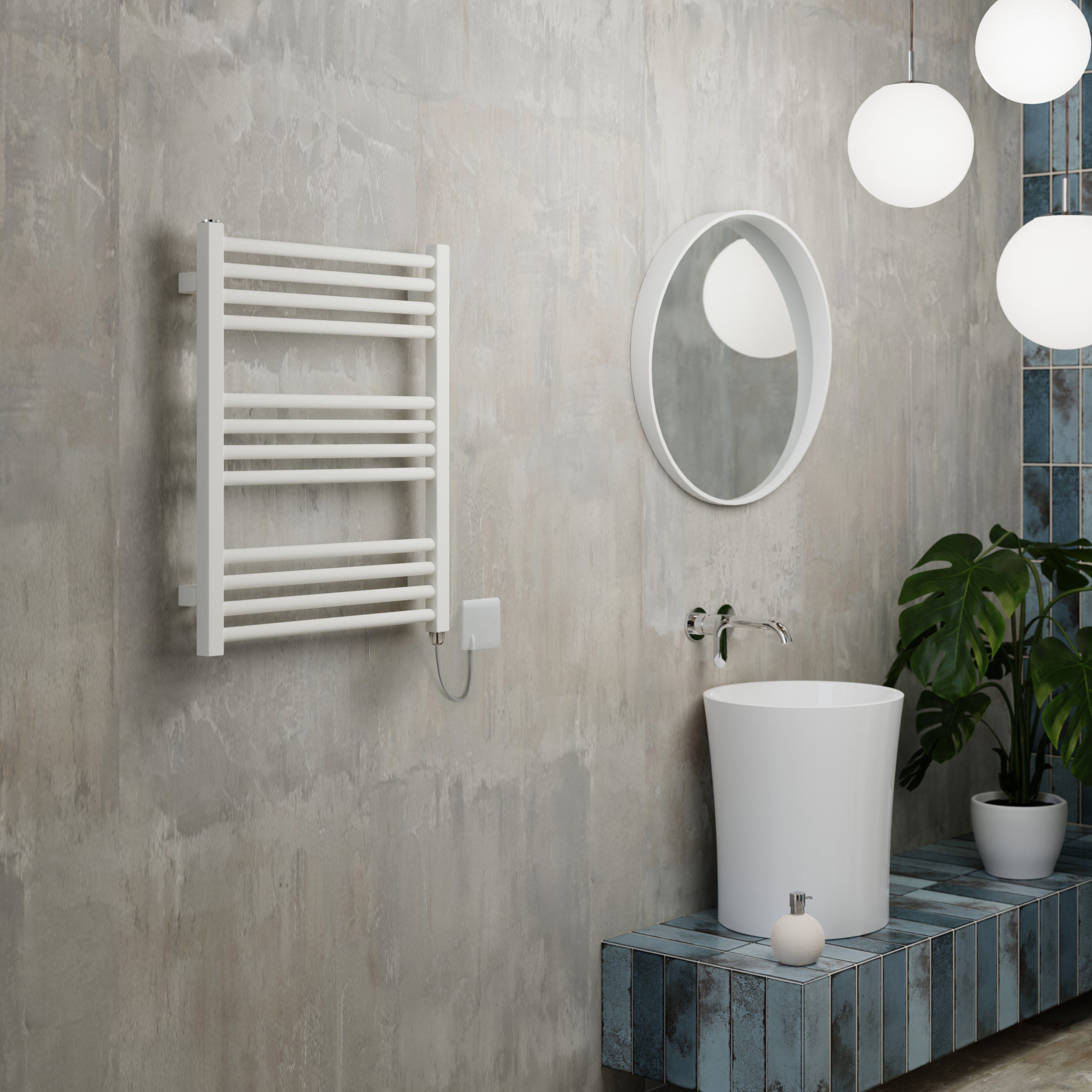 Terma Fiona Matt soft white Oil-filled 1023BTU Electric towel radiator (H) 660mm x (W) 500mm