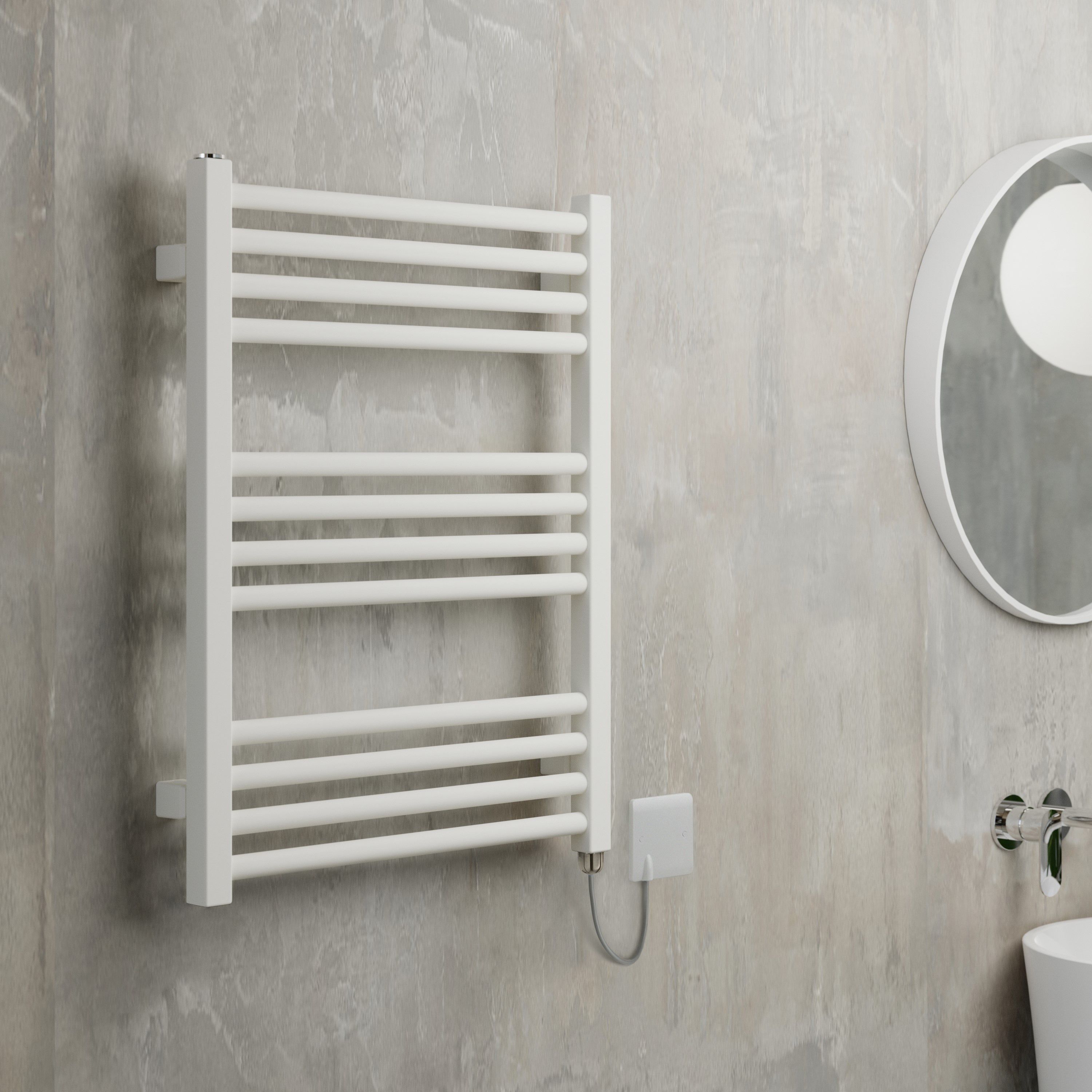 Terma Fiona Matt soft white Oil-filled 1023BTU Electric towel radiator (H) 660mm x (W) 500mm