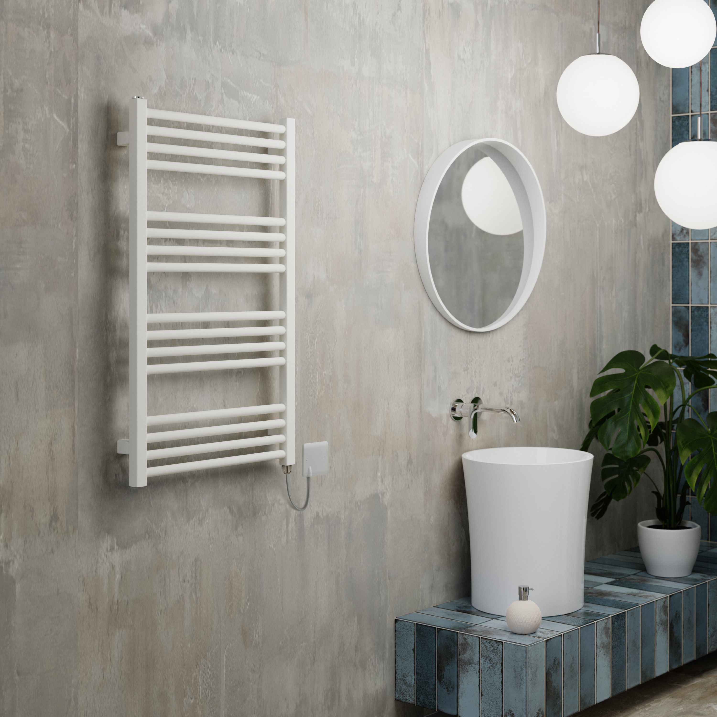 Terma Fiona Matt soft white Oil-filled 1364BTU Electric towel radiator (H) 900mm x (W) 500mm