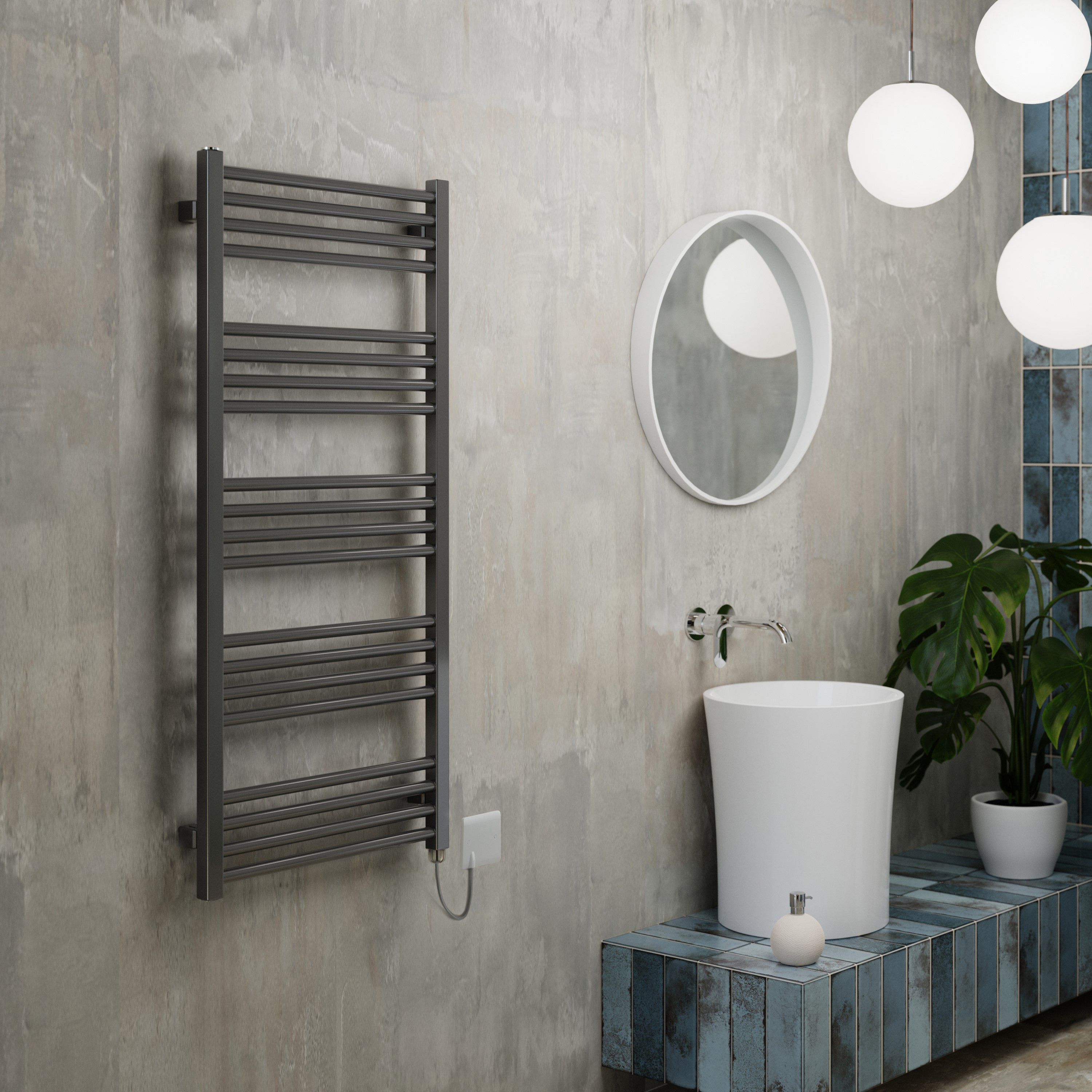Terma Fiona Matt sparkling grey Oil-filled 2046BTU Electric towel radiator (H) 1140mm x (W) 500mm