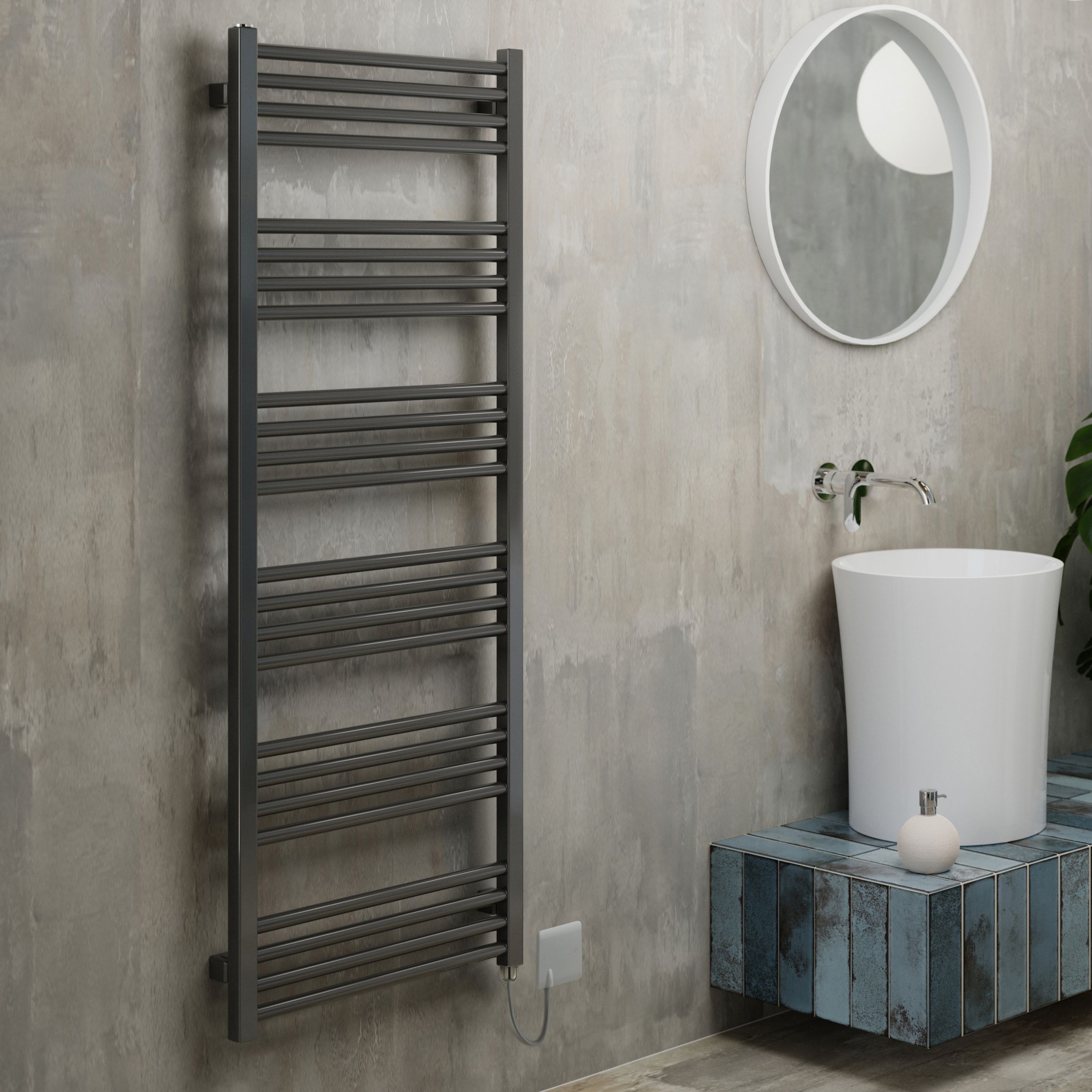 Terma Fiona Matt sparkling grey Oil-filled 2046BTU Electric towel radiator (H) 1380mm x (W) 500mm