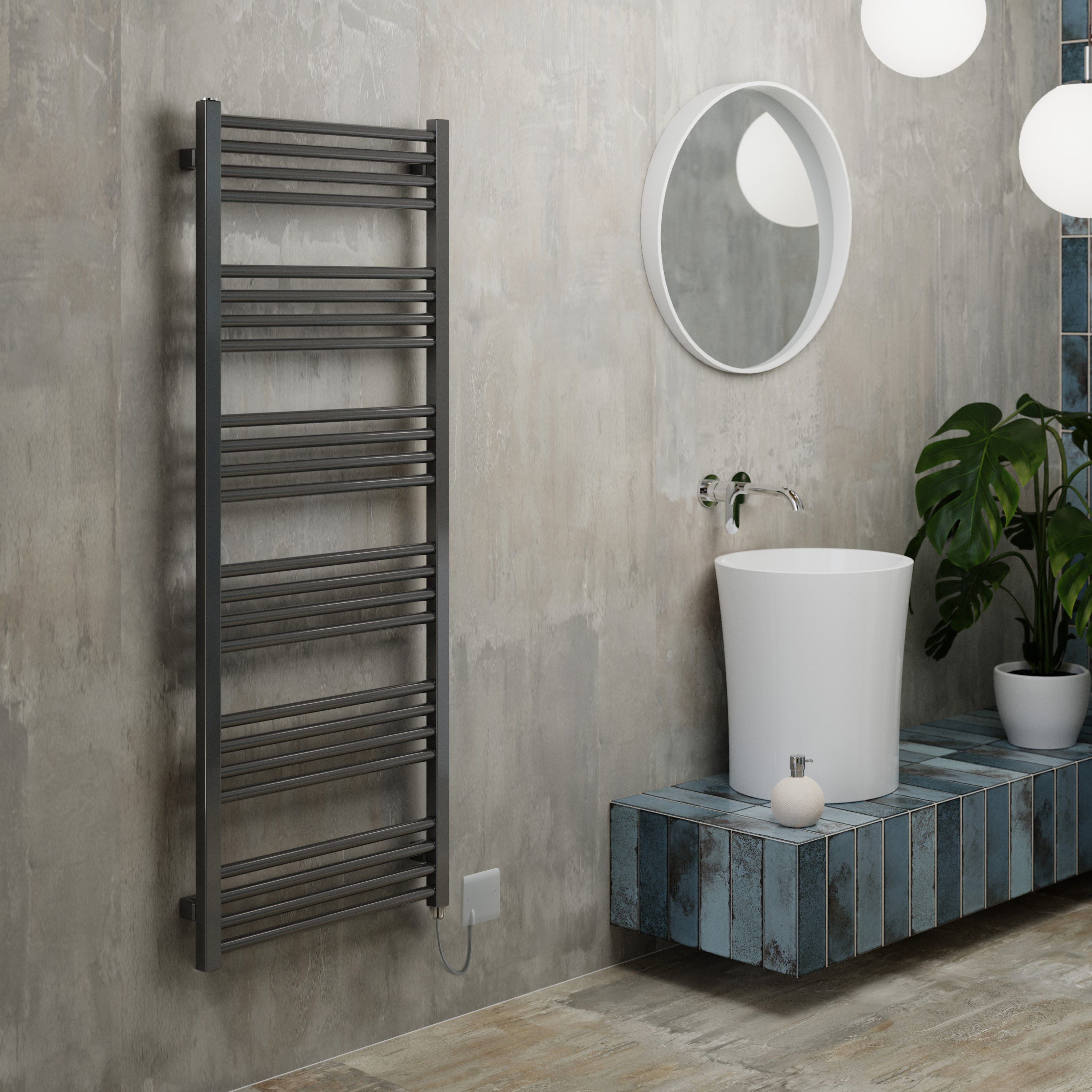 Terma Fiona Matt sparkling grey Oil-filled 2046BTU Electric towel radiator (H) 1380mm x (W) 500mm