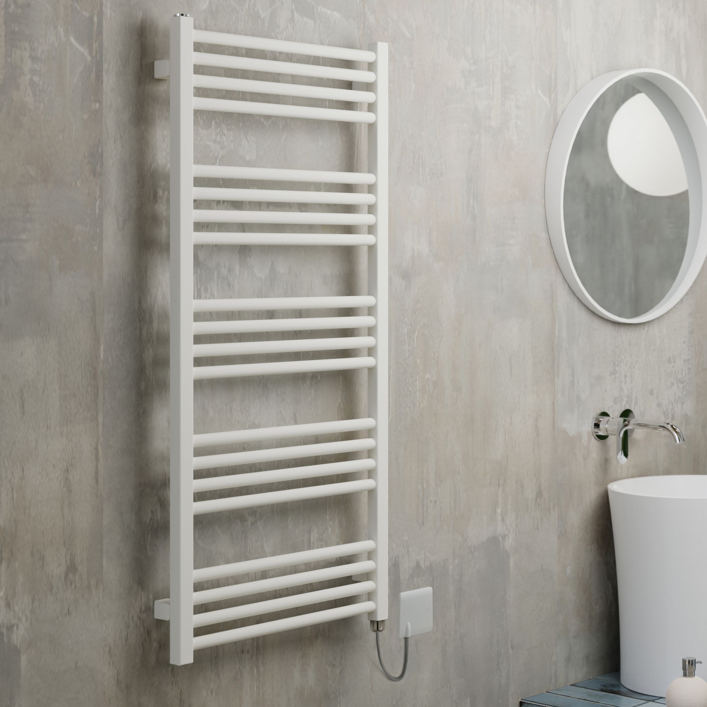 Terma Fiona Satin soft white Oil-filled 2046BTU Electric towel radiator (H) 1140mm x (W) 500mm