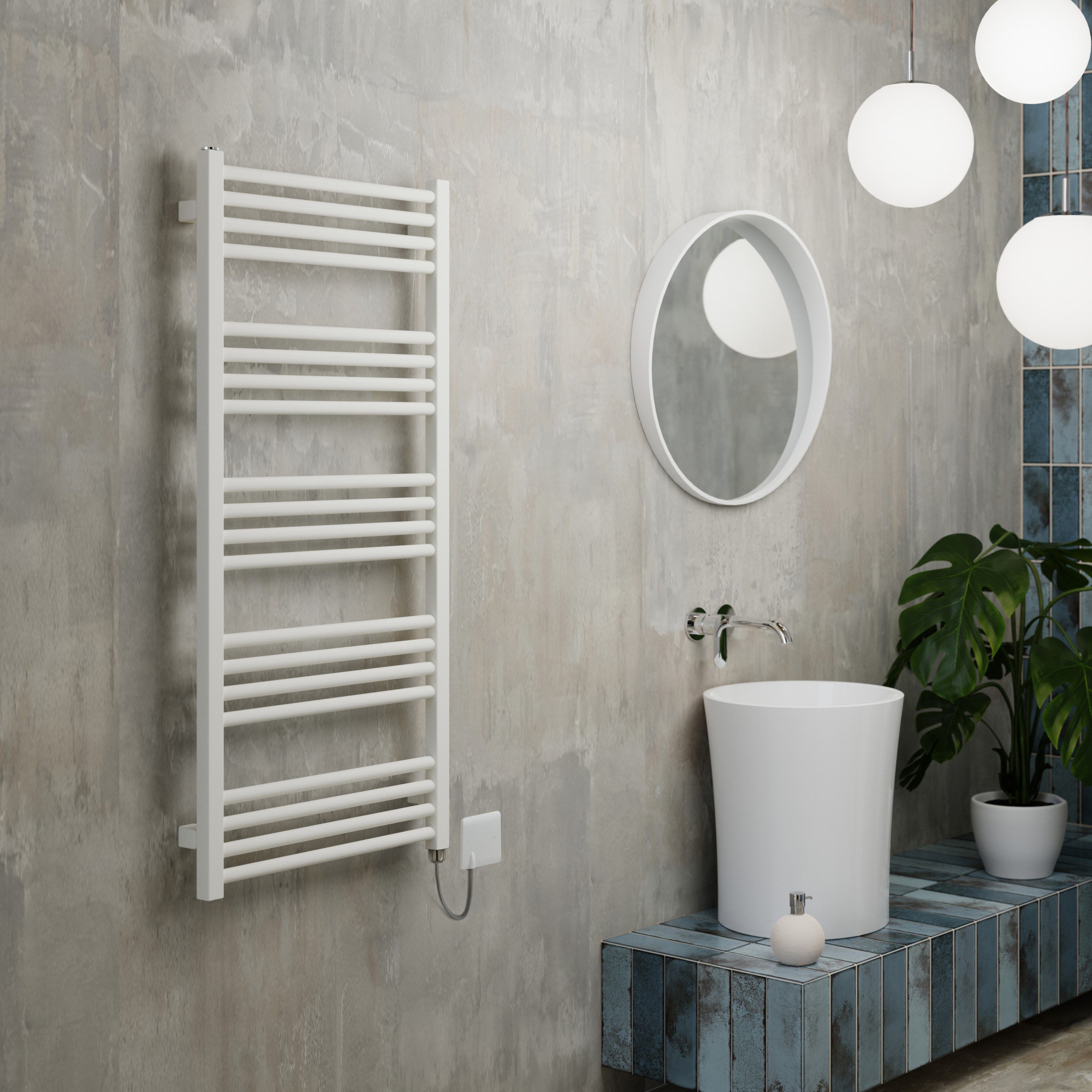 Terma Fiona Satin soft white Oil-filled 2046BTU Electric towel radiator (H) 1140mm x (W) 500mm
