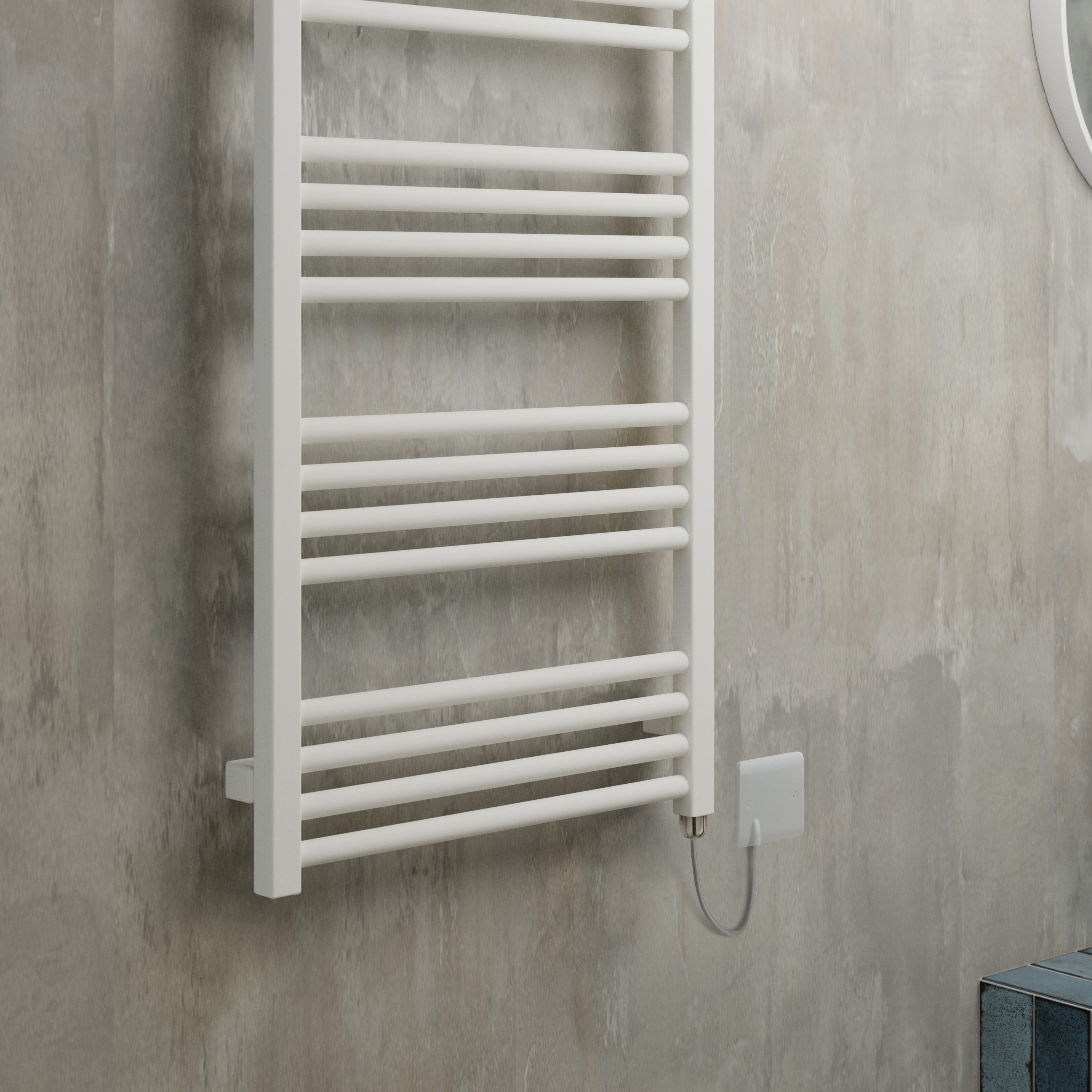 Terma Fiona Satin soft white Oil-filled 2046BTU Electric towel radiator (H) 1140mm x (W) 500mm