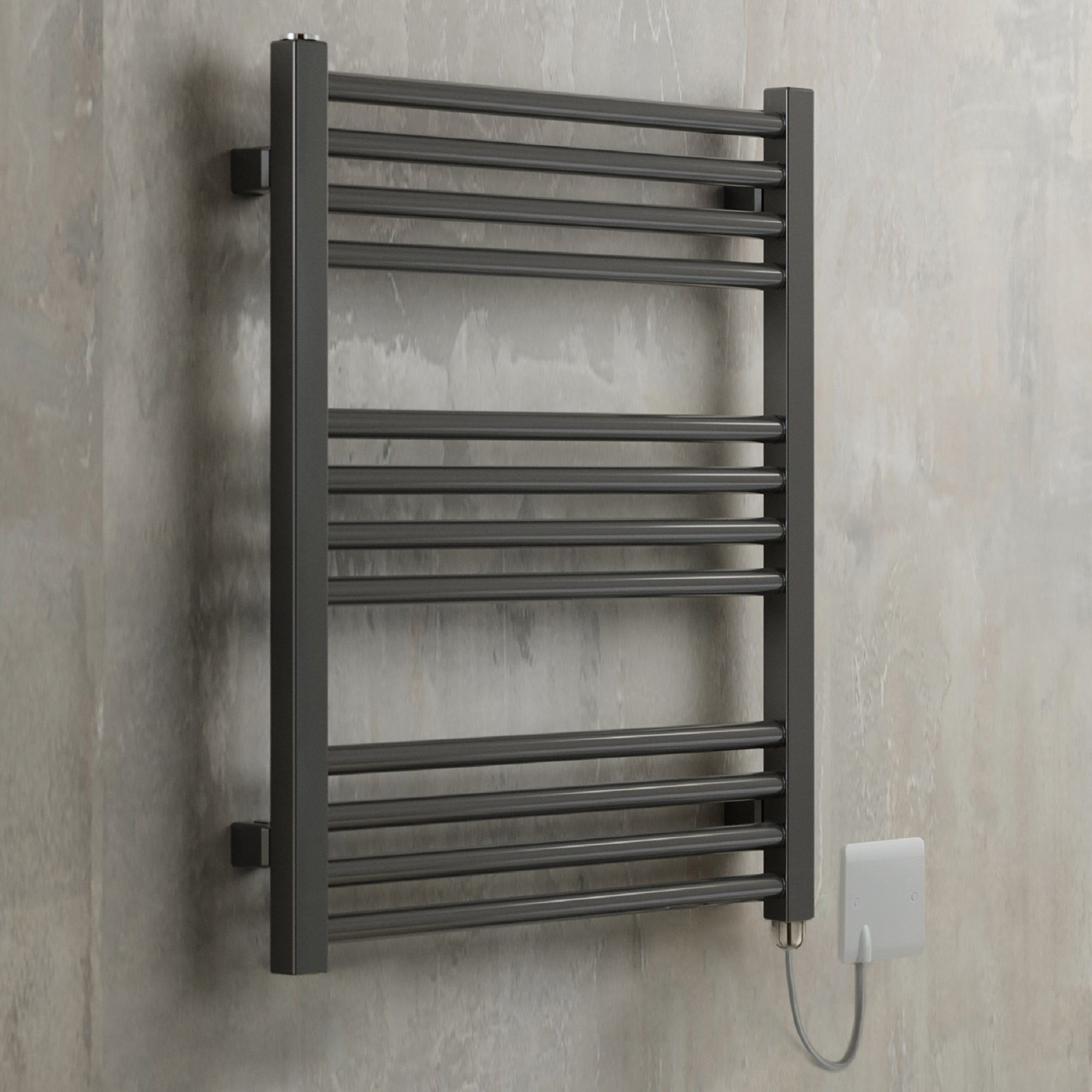 Terma Fiona Satin sparkling grey Oil-filled 1023BTU Electric towel radiator (H) 660mm x (W) 500mm