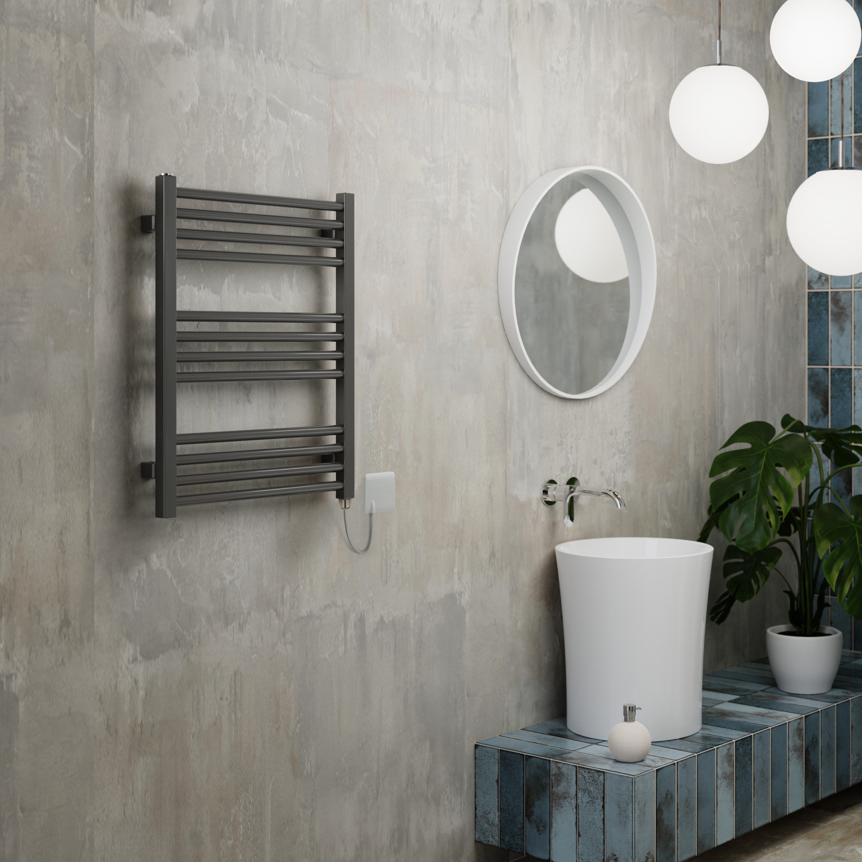 Terma Fiona Satin sparkling grey Oil-filled 1023BTU Electric towel radiator (H) 660mm x (W) 500mm