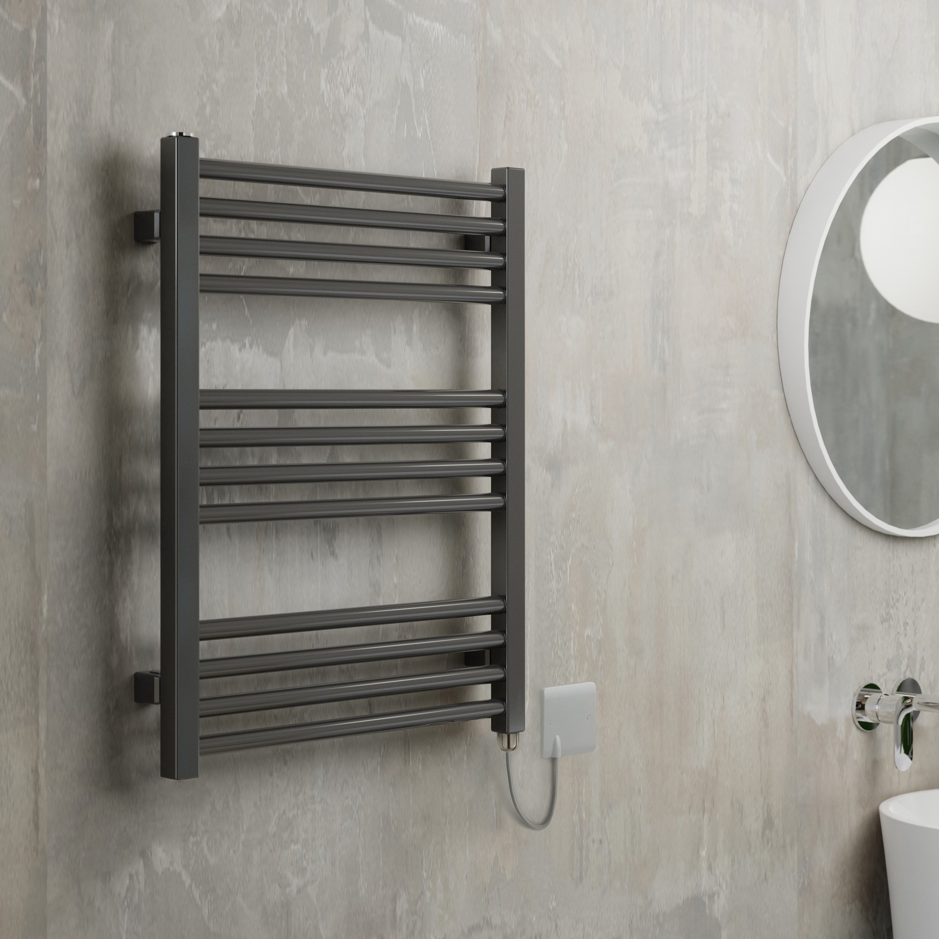 Terma Fiona Satin sparkling grey Oil-filled 1023BTU Electric towel radiator (H) 660mm x (W) 500mm