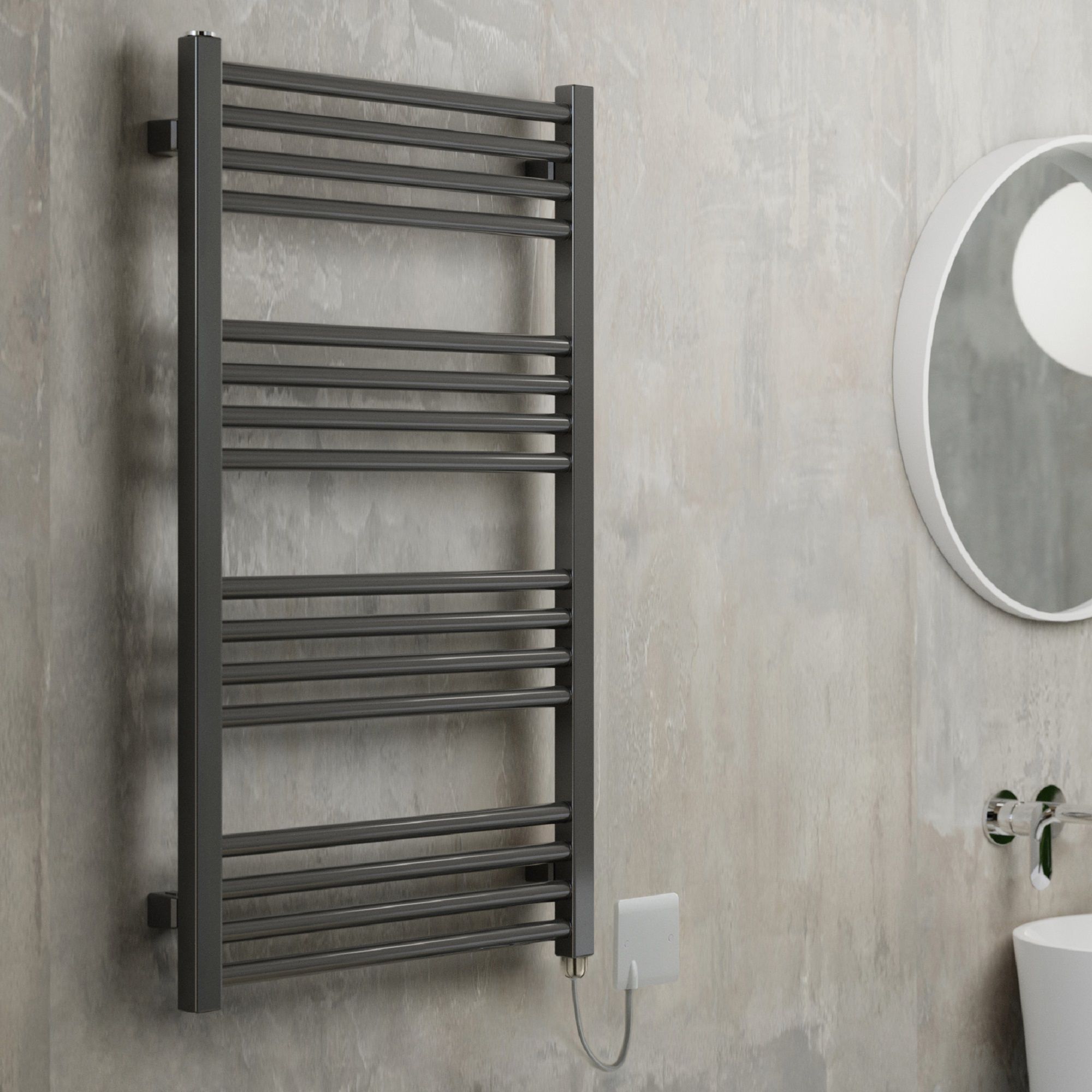 Terma Fiona Satin sparkling grey Oil-filled 1364BTU Electric towel radiator (H) 900mm x (W) 500mm