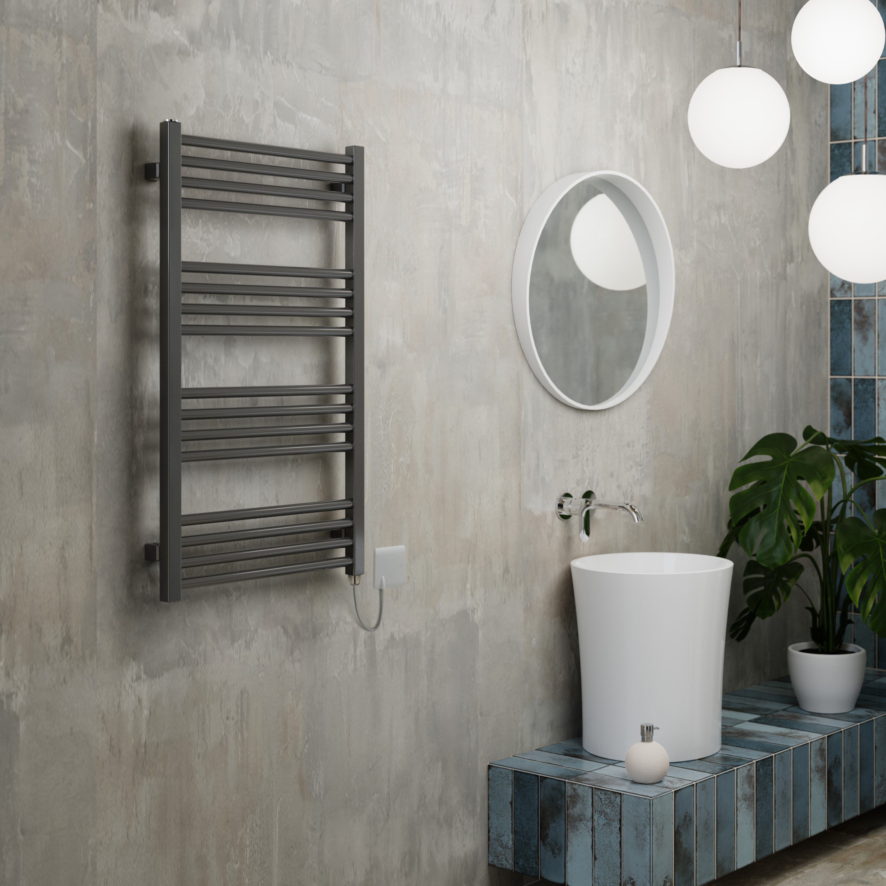 Terma Fiona Satin sparkling grey Oil-filled 1364BTU Electric towel radiator (H) 900mm x (W) 500mm