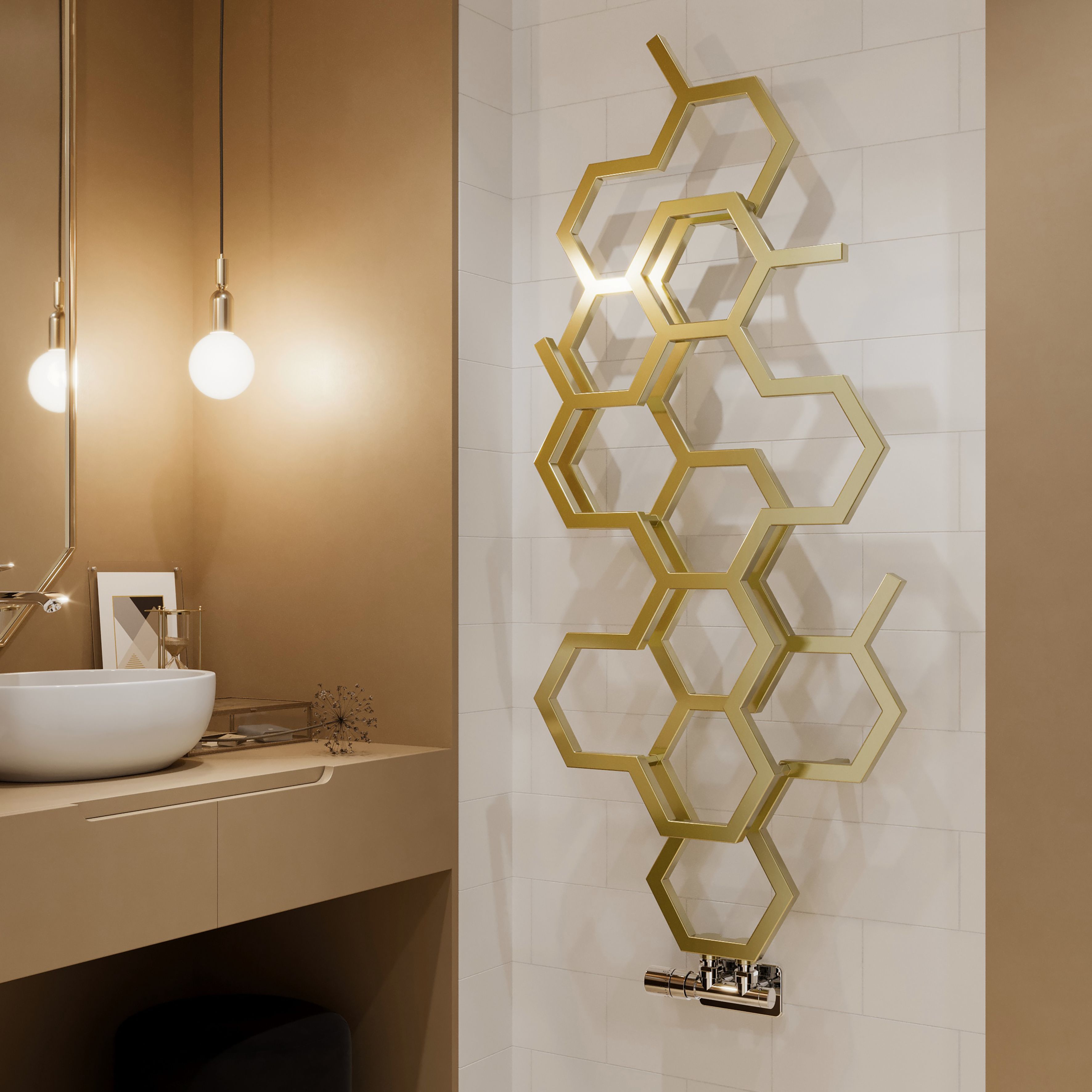 Terma Hex Brass Hydronic Vertical Designer 1180BTU Radiator, (W)486mm x (H)1220mm
