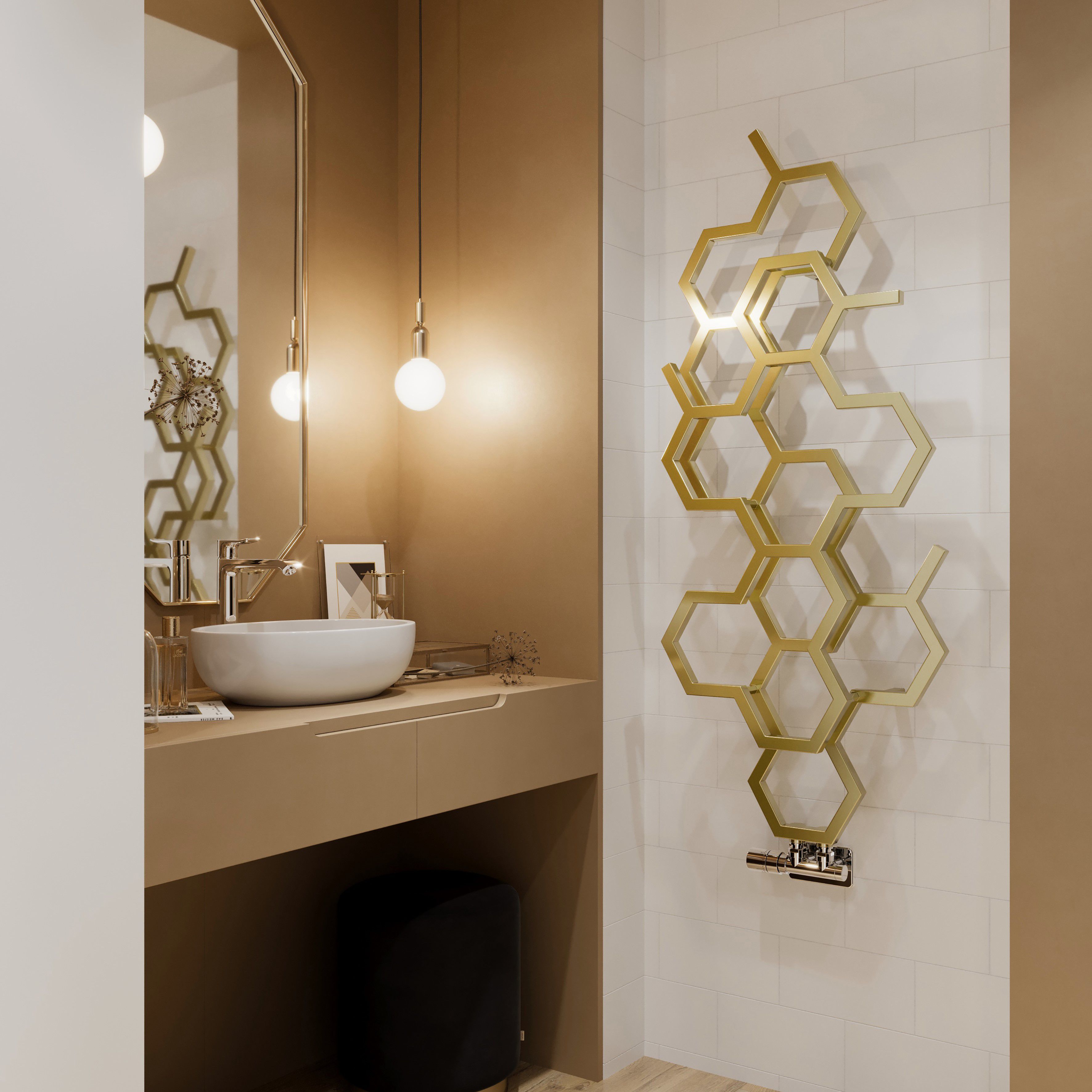 Terma Hex Brass Hydronic Vertical Designer 1180BTU Radiator, (W)486mm x (H)1220mm