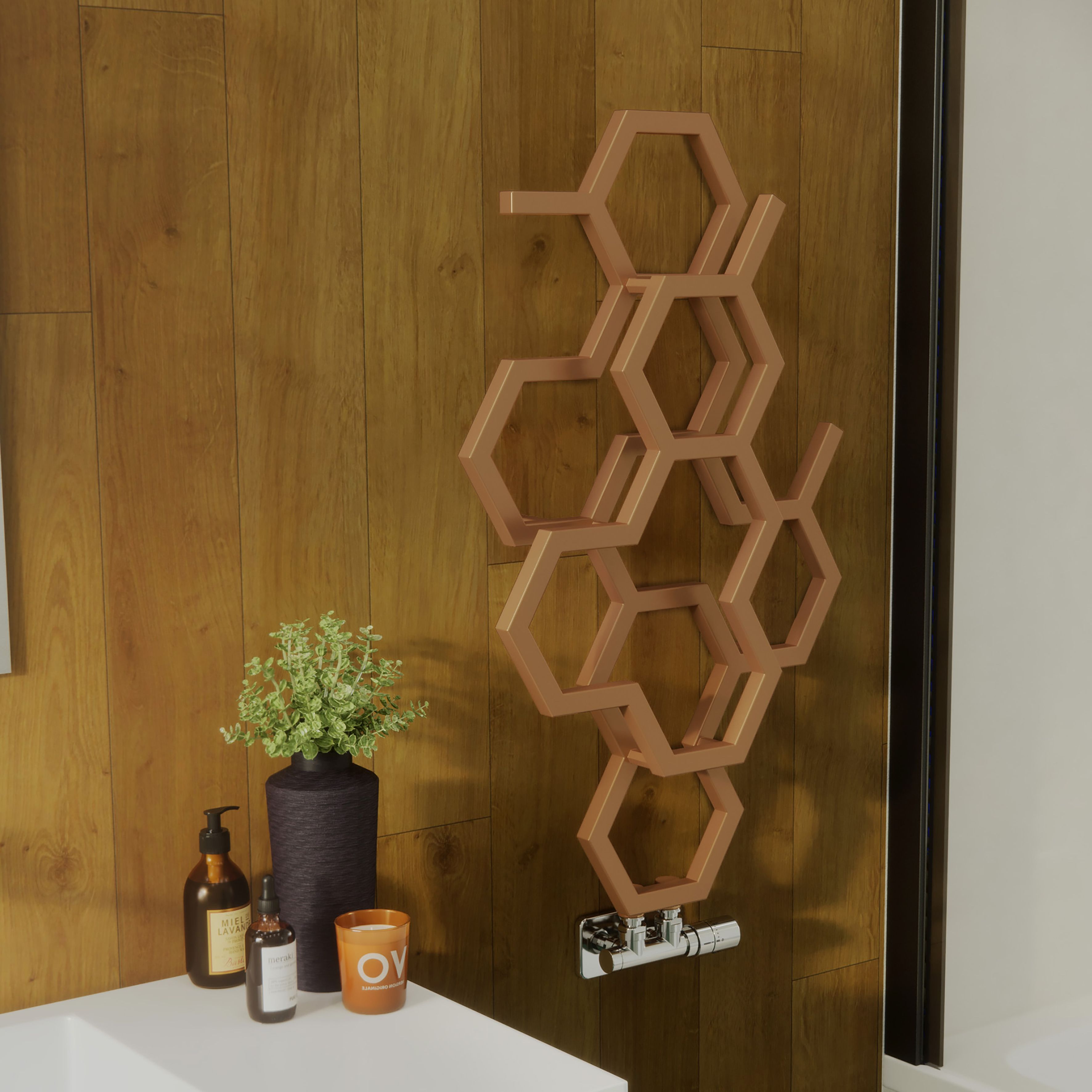 Terma Hex Bright Copper Hydronic Vertical Designer 845BTU Radiator, (W)486mm x (H)821mm