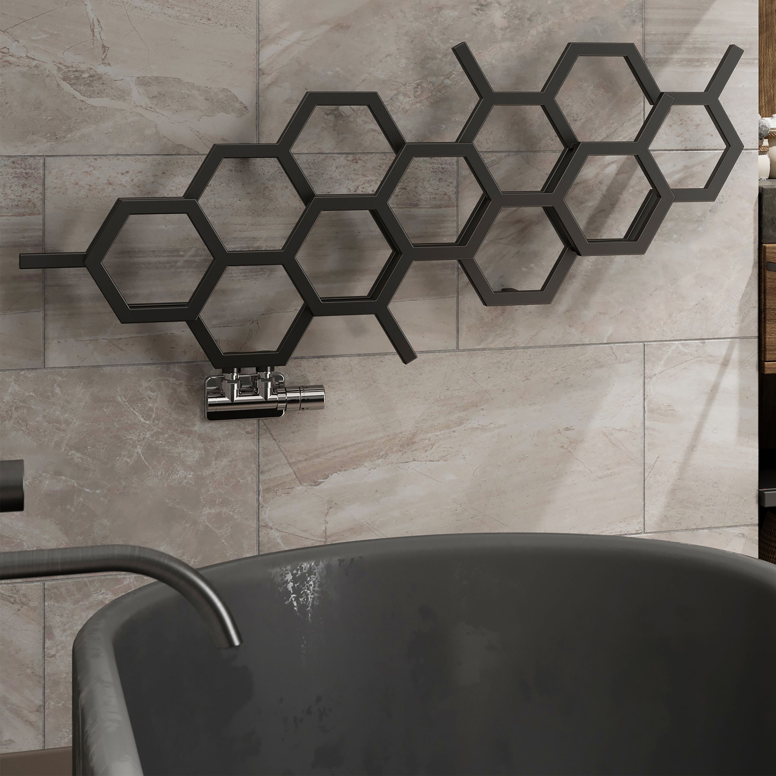 Terma Hex Matt black Horizontal Designer Radiator, (W)1126mm x (H)502mm