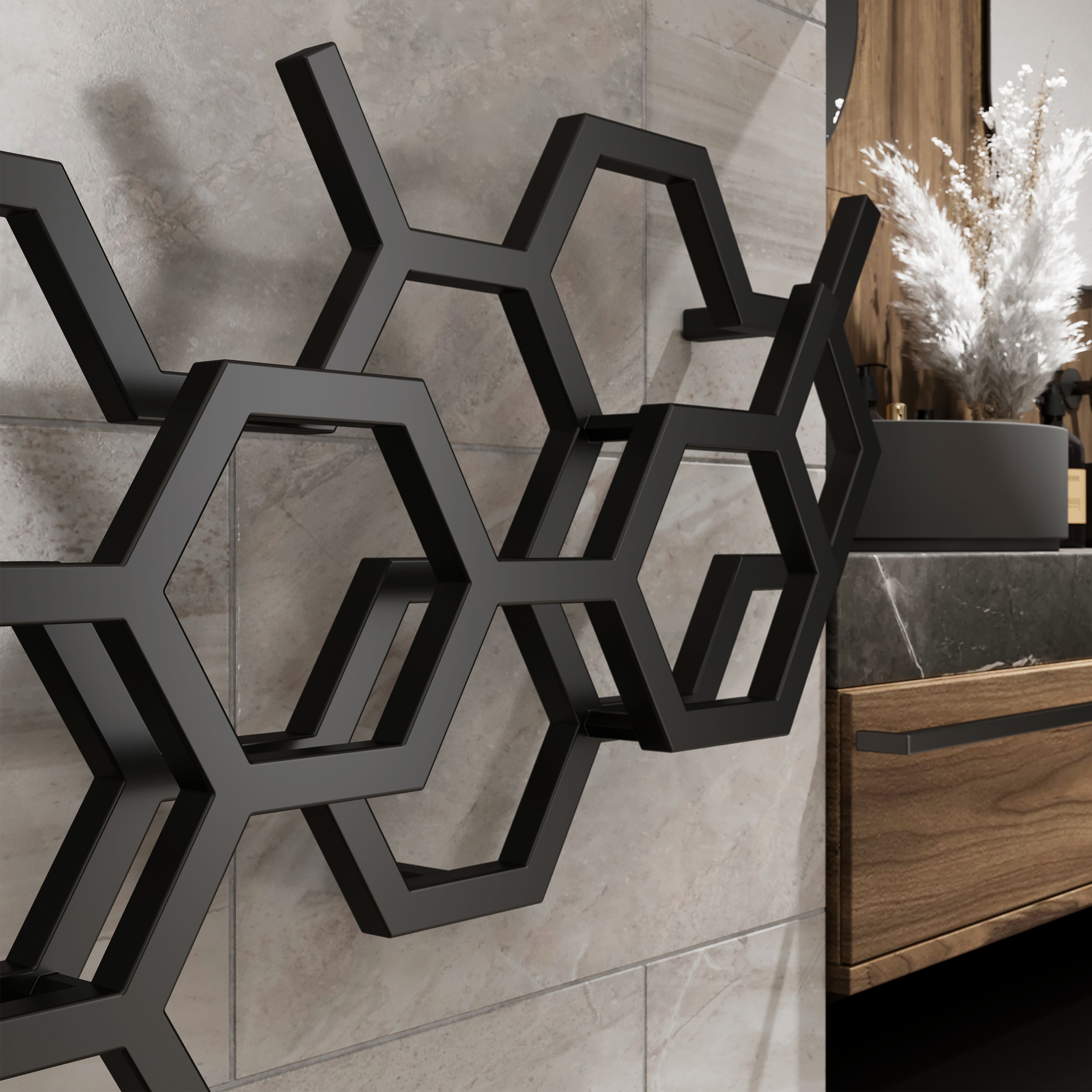 Terma Hex Matt black Horizontal Designer Radiator, (W)1126mm x (H)502mm