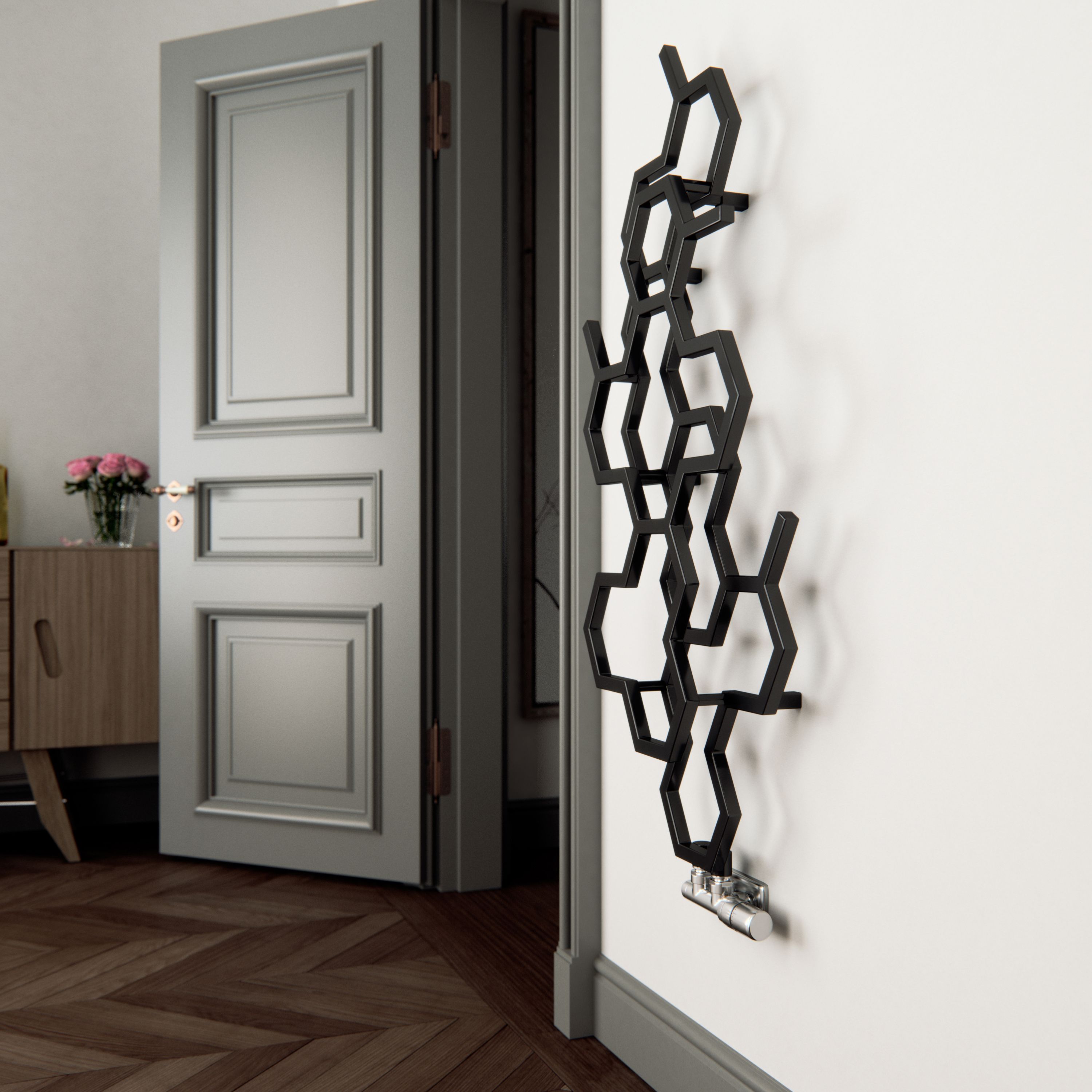 Terma Hex Matt black Vertical Designer Radiator, (W)486mm x (H)1220mm