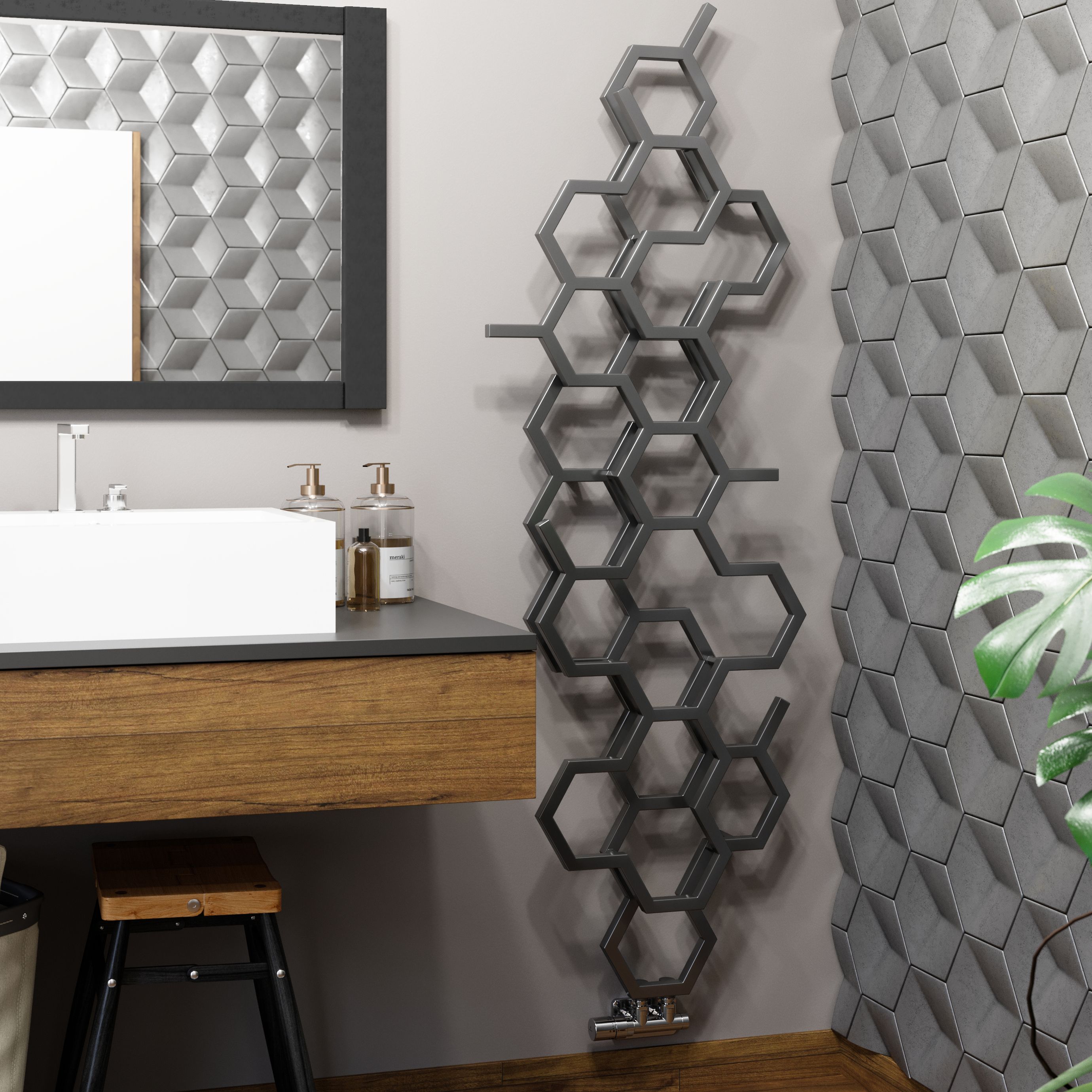 Terma Hex Matt grey Vertical Designer Radiator, (W)573mm x (H)1700mm