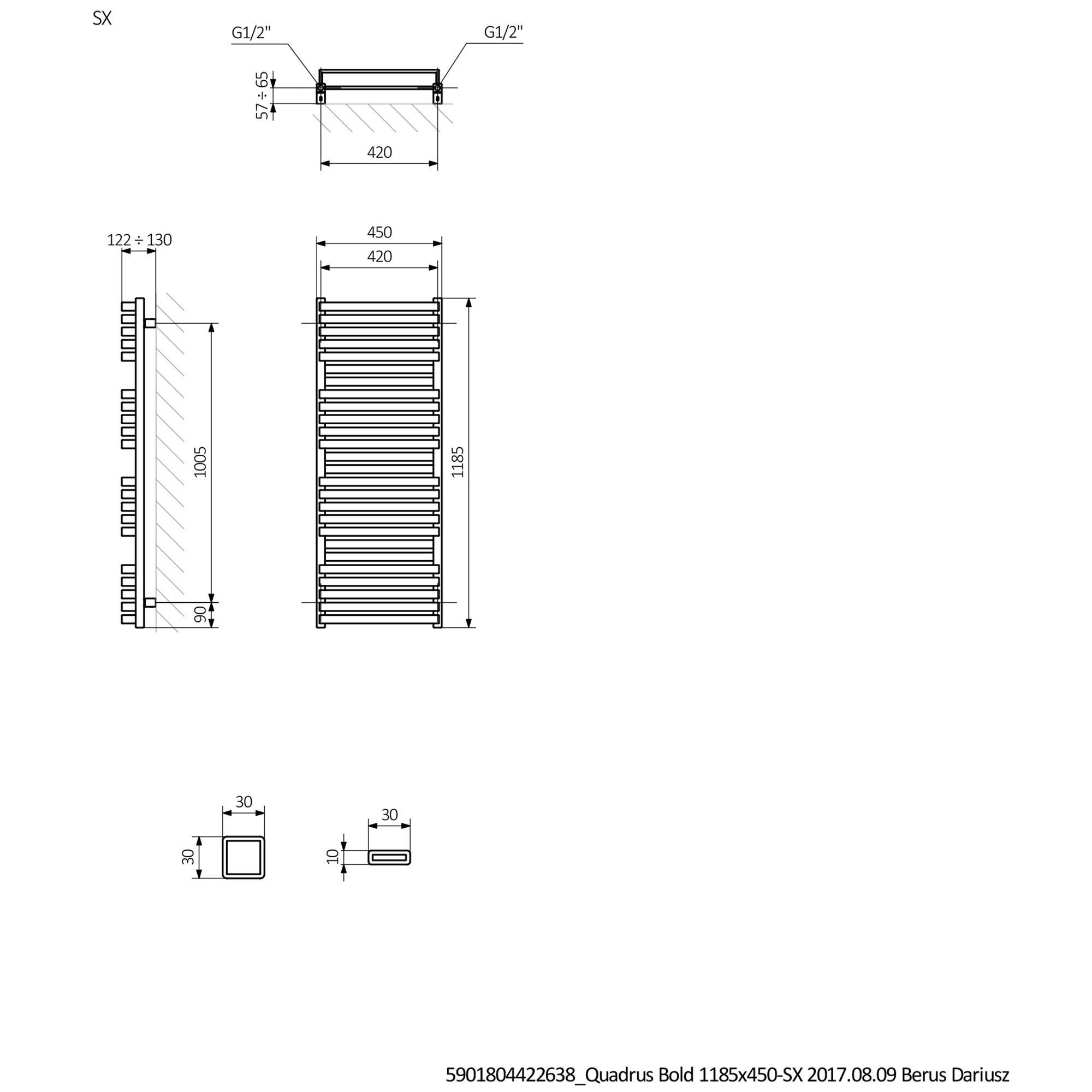 Terma Metallic black Towel warmer (W)450mm x (H)1185mm