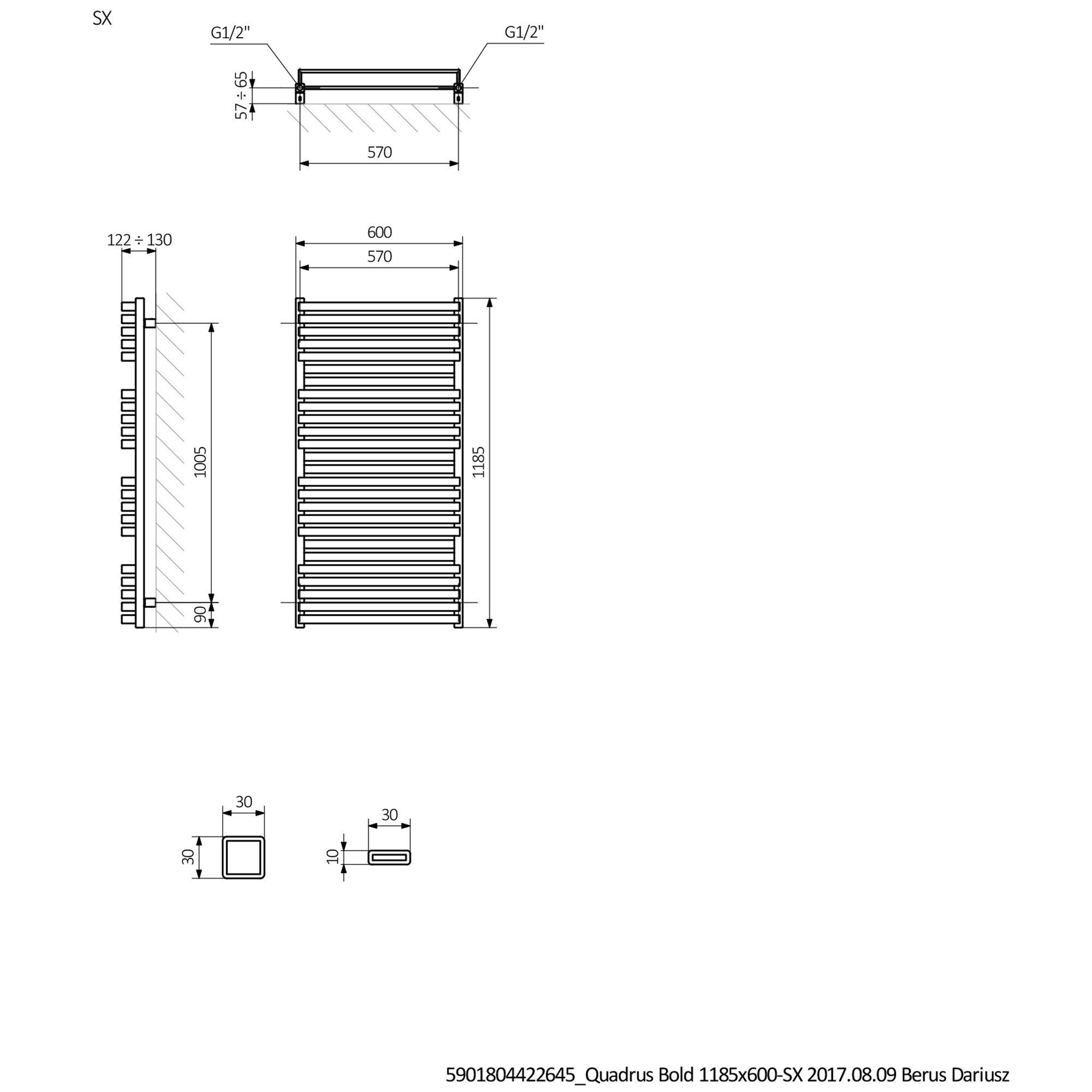 Terma Metallic black Towel warmer (W)600mm x (H)1185mm