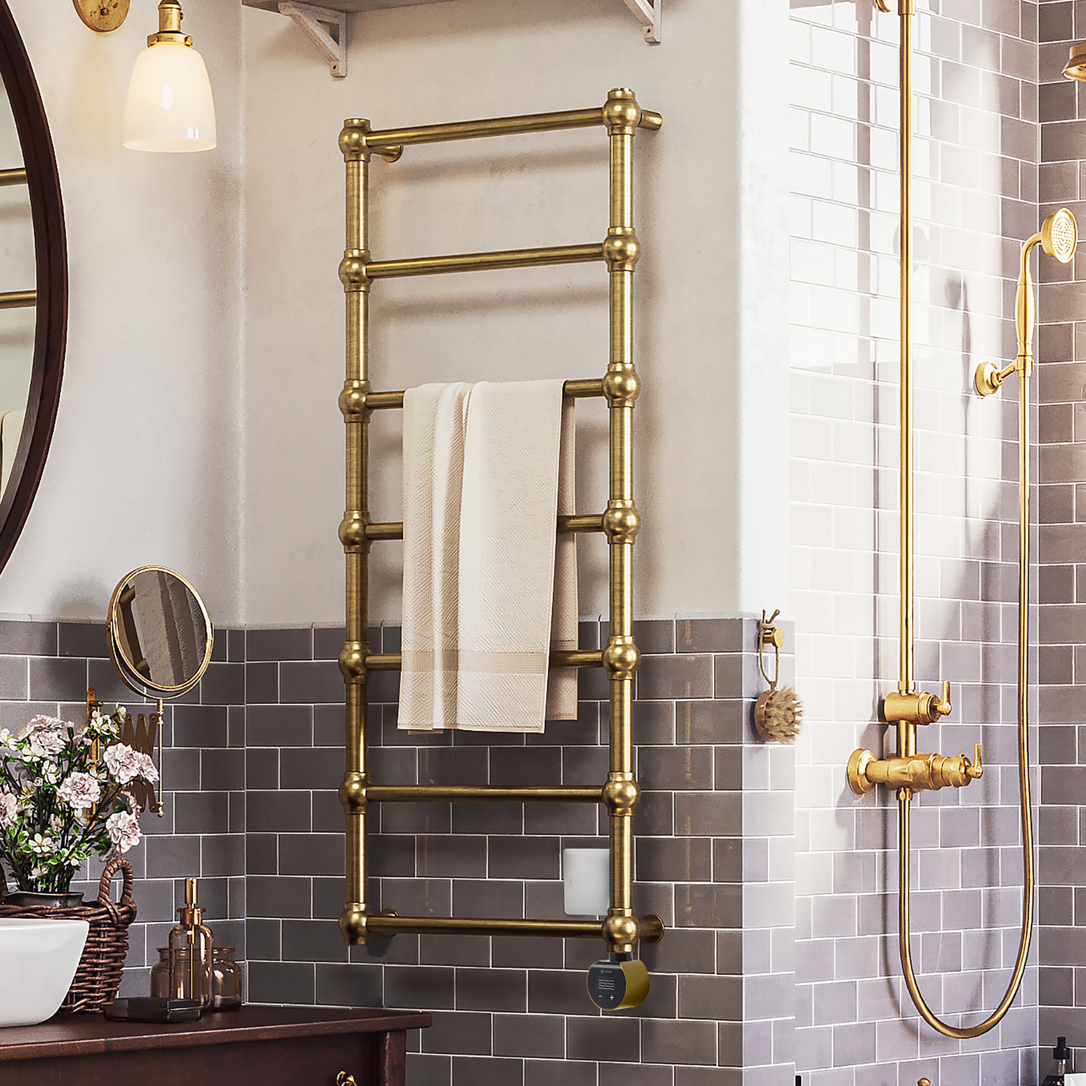 Terma Retro Matt brushed brass Oil-filled 682BTU Electric towel radiator (H) 1170mm x (W) 504mm
