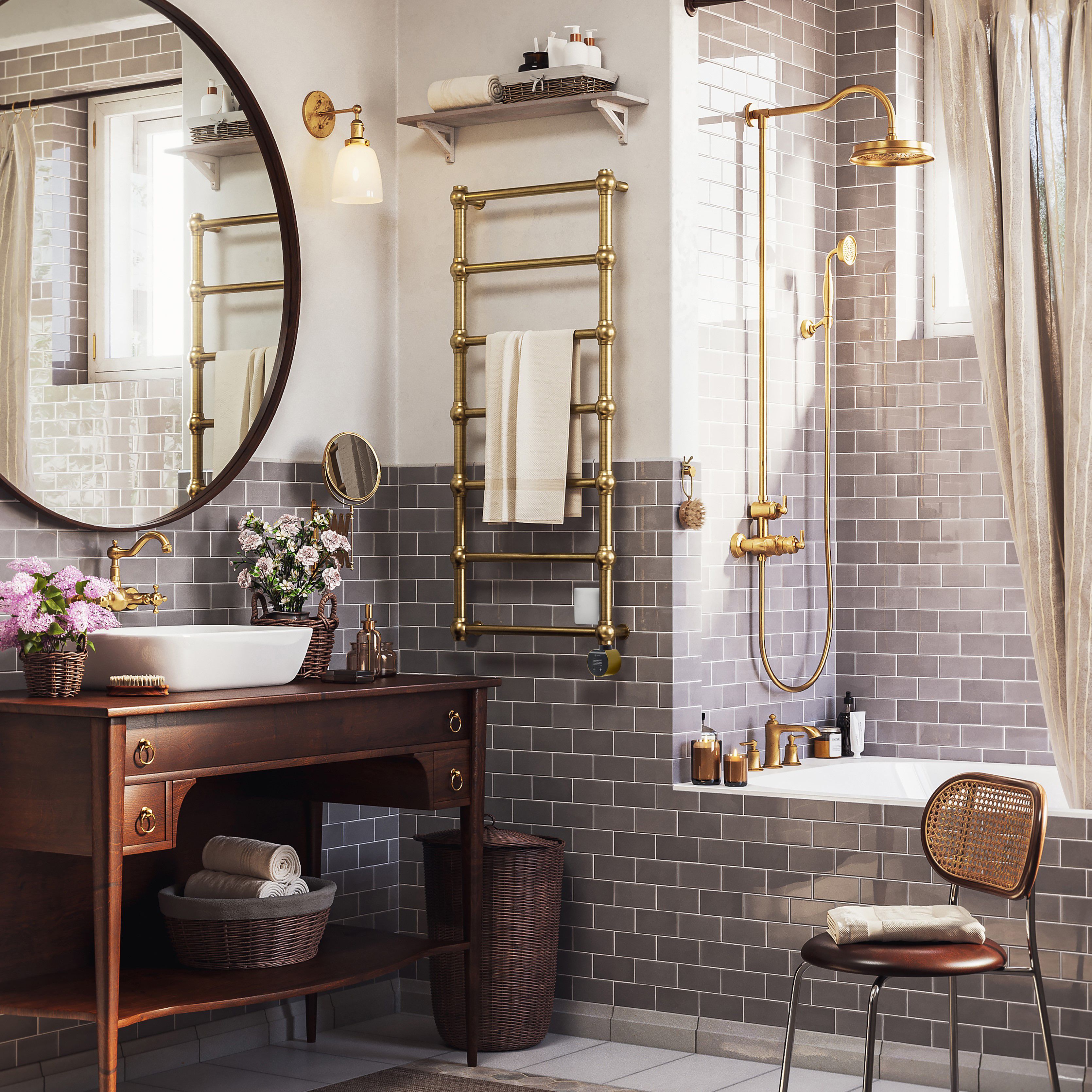 Terma Retro Matt brushed brass Oil-filled 682BTU Electric towel radiator (H) 1170mm x (W) 504mm