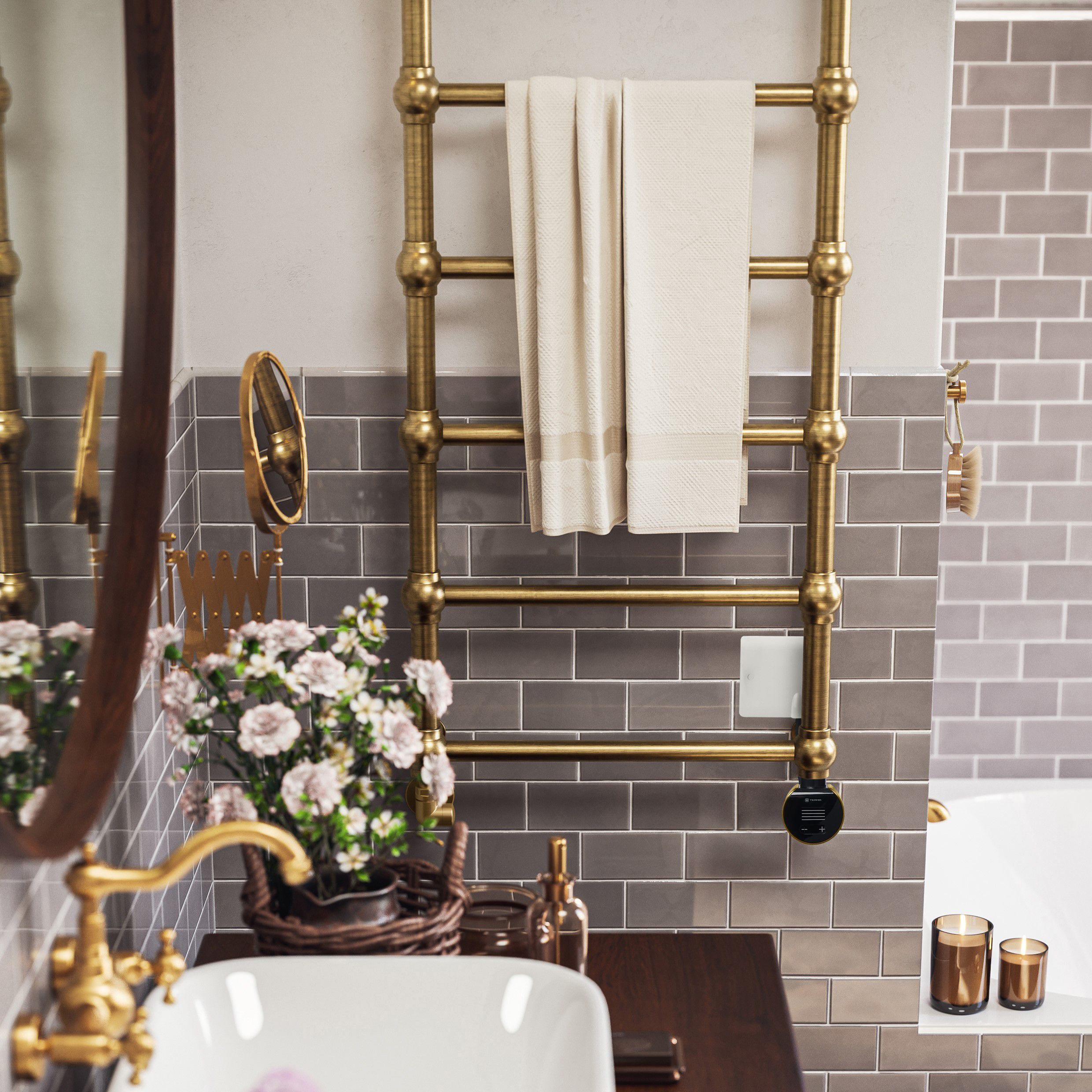 Terma Retro Matt brushed brass Oil-filled 682BTU Electric towel radiator (H) 1170mm x (W) 504mm