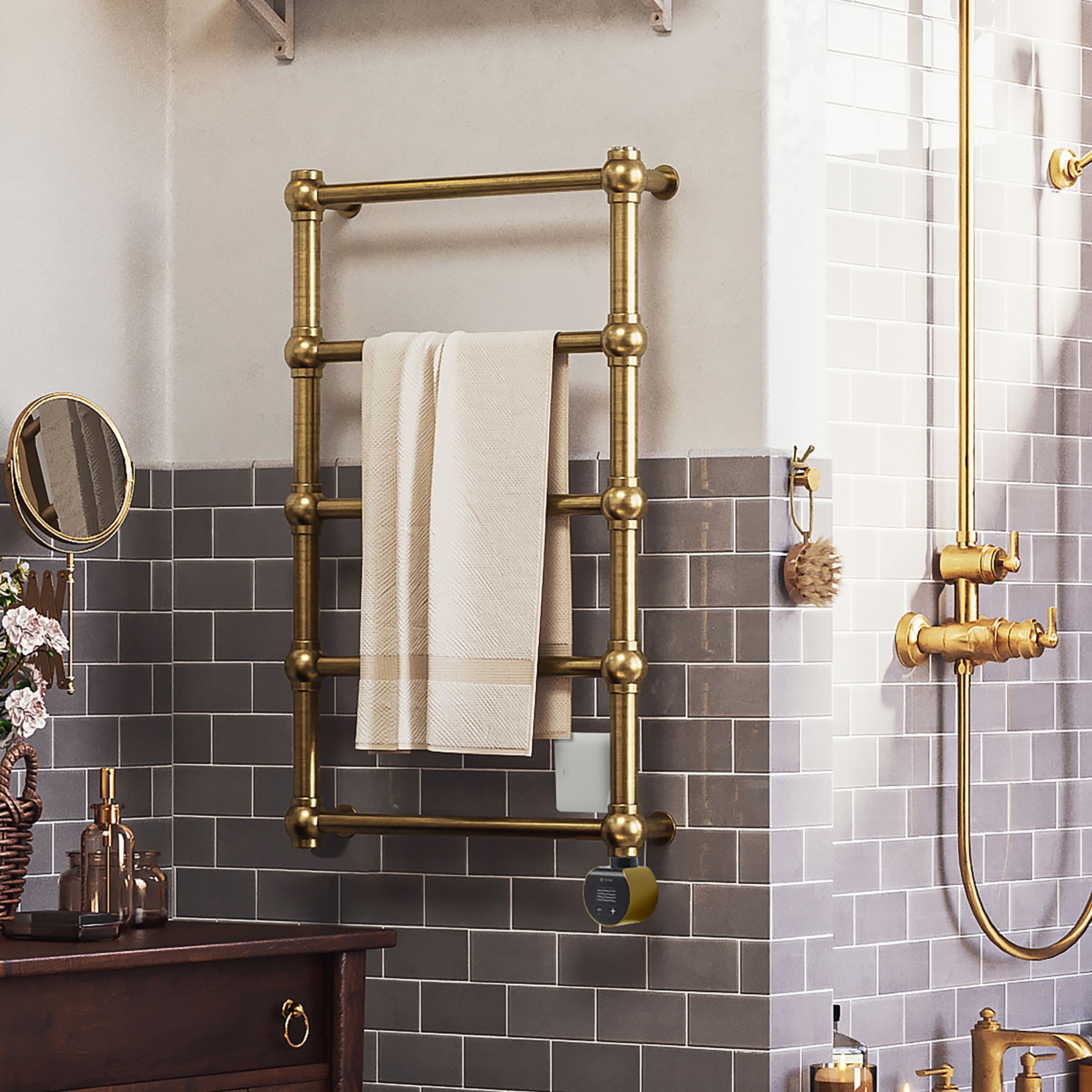 Terma Retro Matt brushed brass Oil-filled 682BTU Electric towel radiator (H) 800mm x (W) 504mm