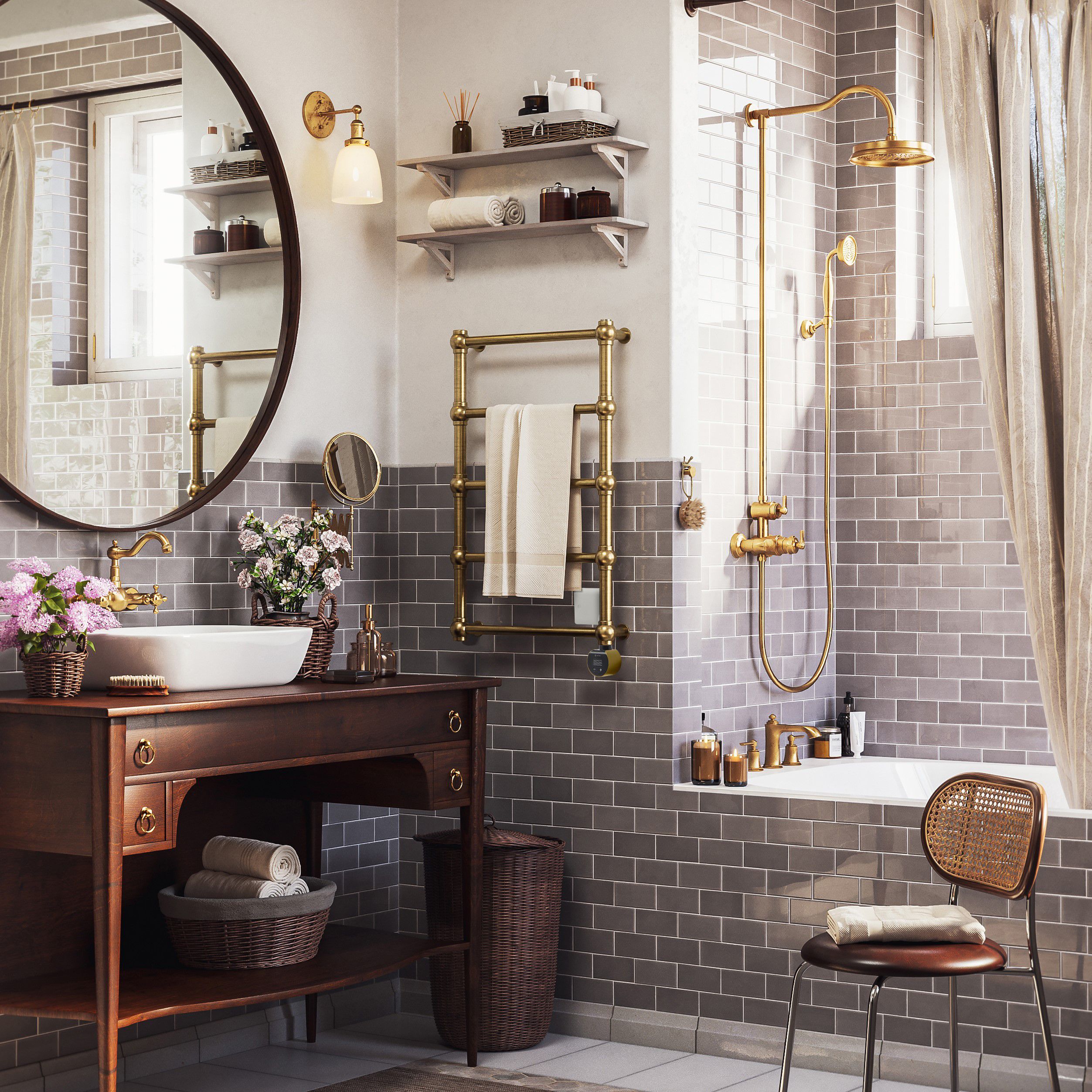Terma Retro Matt brushed brass Oil-filled 682BTU Electric towel radiator (H) 800mm x (W) 504mm