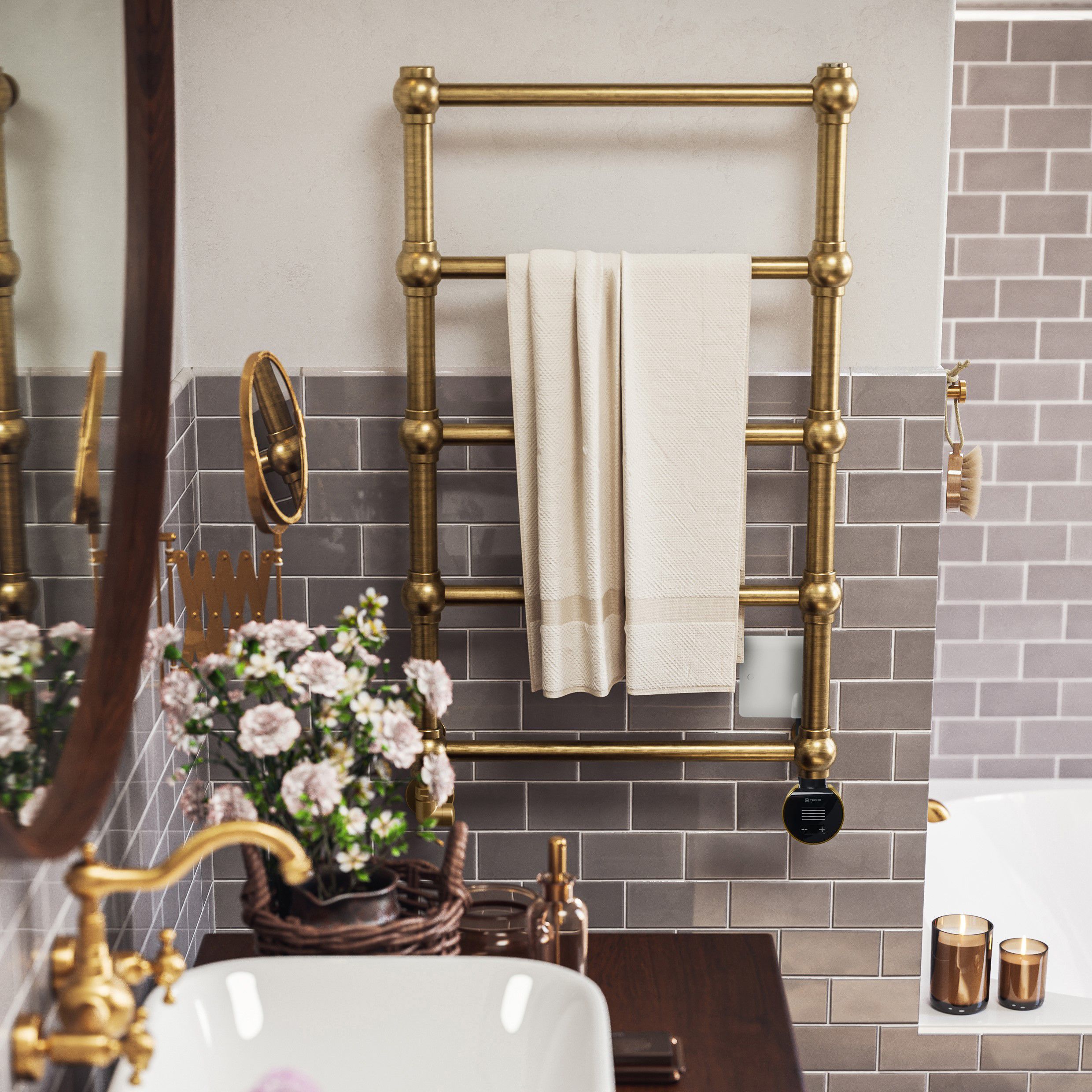 Terma Retro Matt brushed brass Oil-filled 682BTU Electric towel radiator (H) 800mm x (W) 504mm