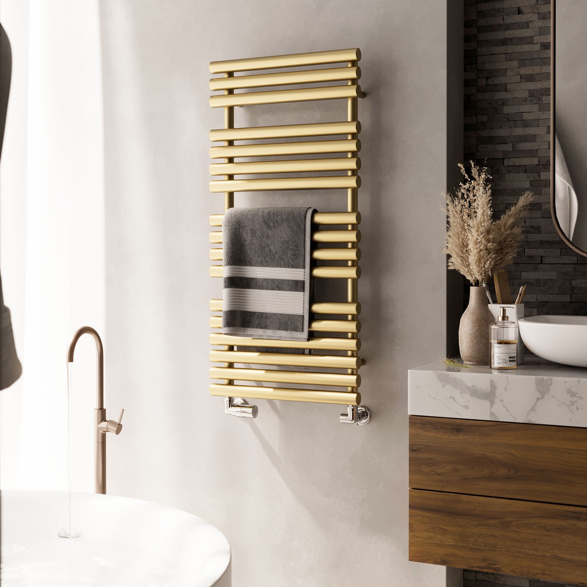 Terma Rolo Brass effect Flat Towel warmer (W)520mm x (H)1085mm
