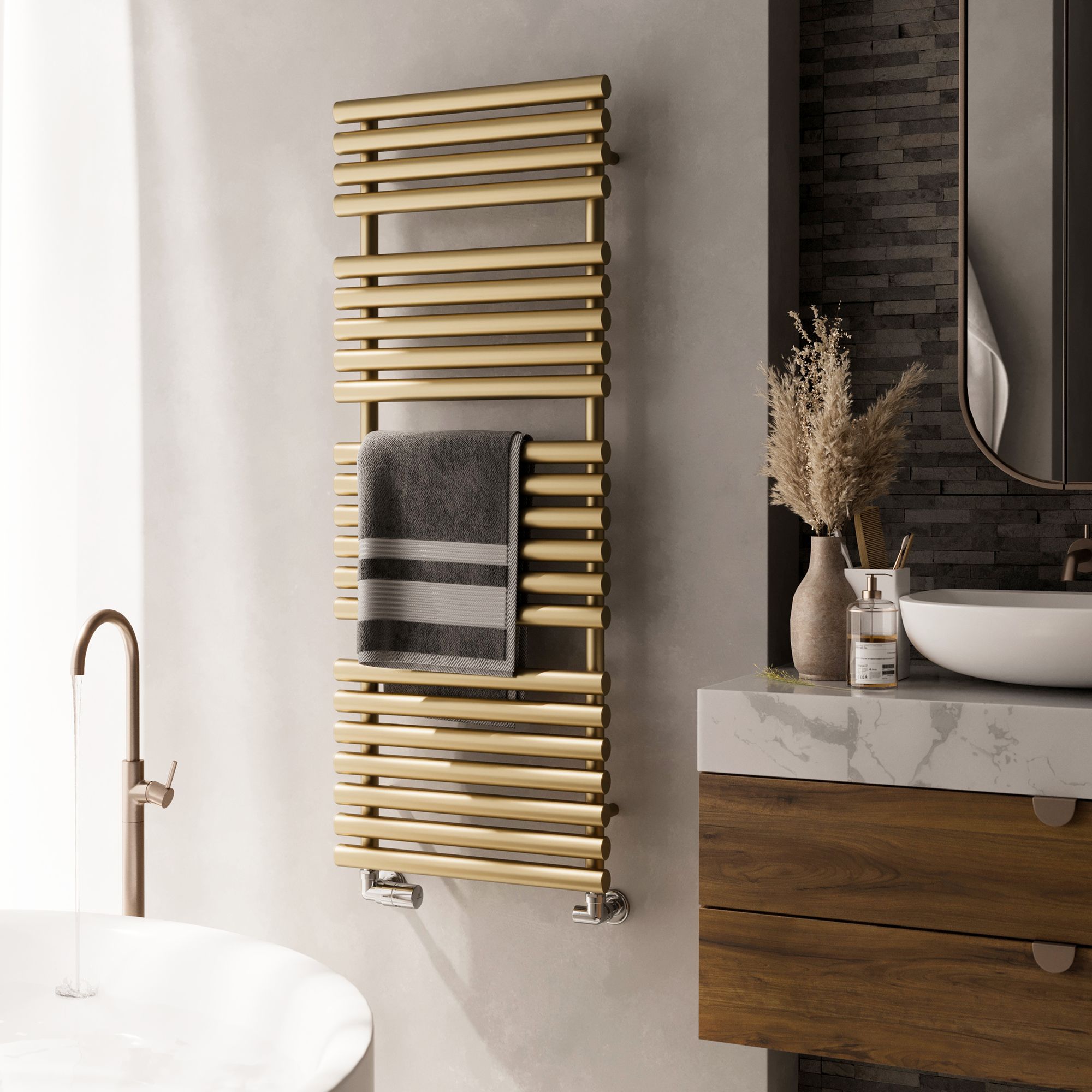 Terma Rolo Brass effect Flat Towel warmer (W)520mm x (H)1360mm
