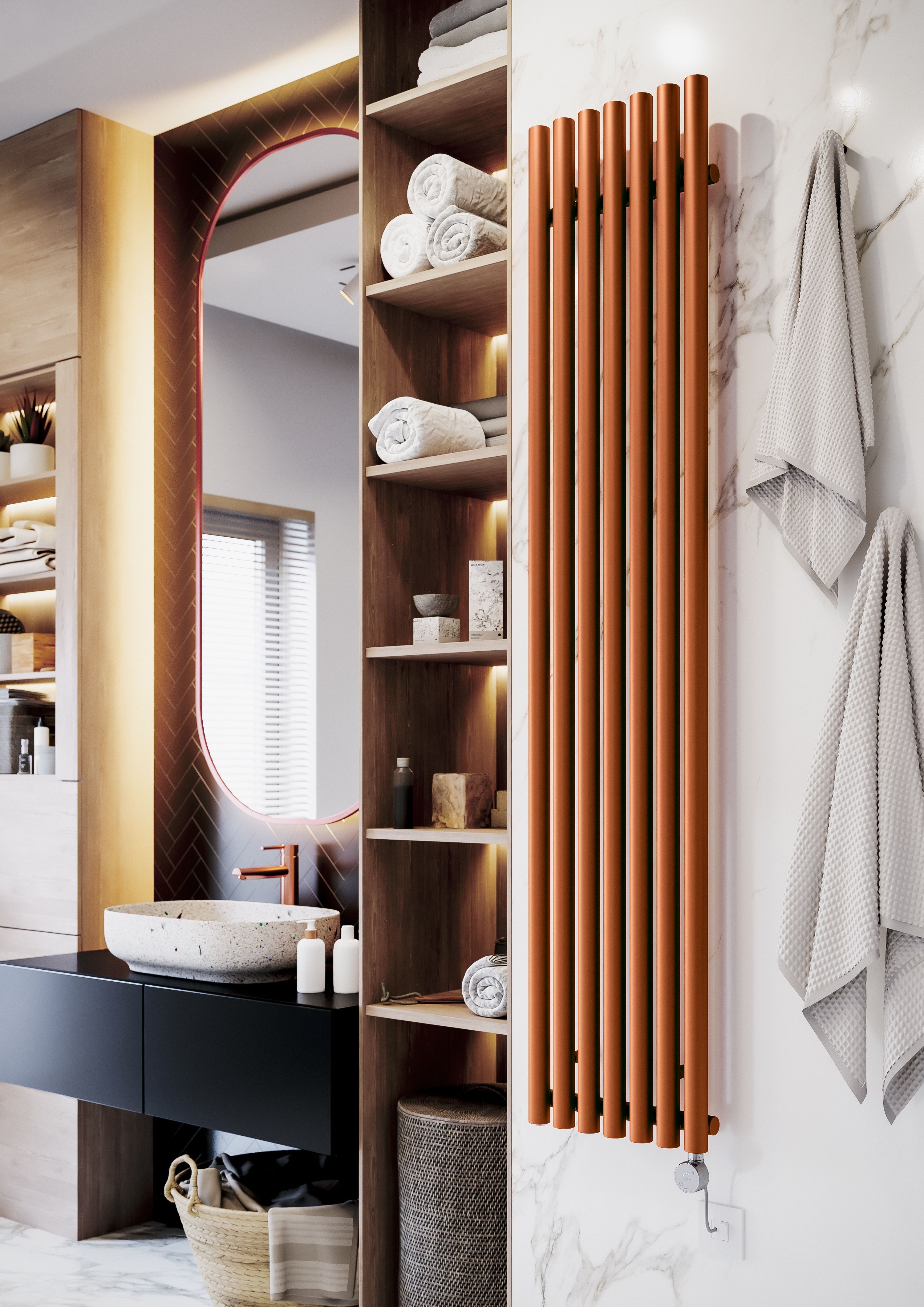 Terma Rolo Room Matt copper Vertical Electric designer Radiator, (W)370mm x (H)1800mm