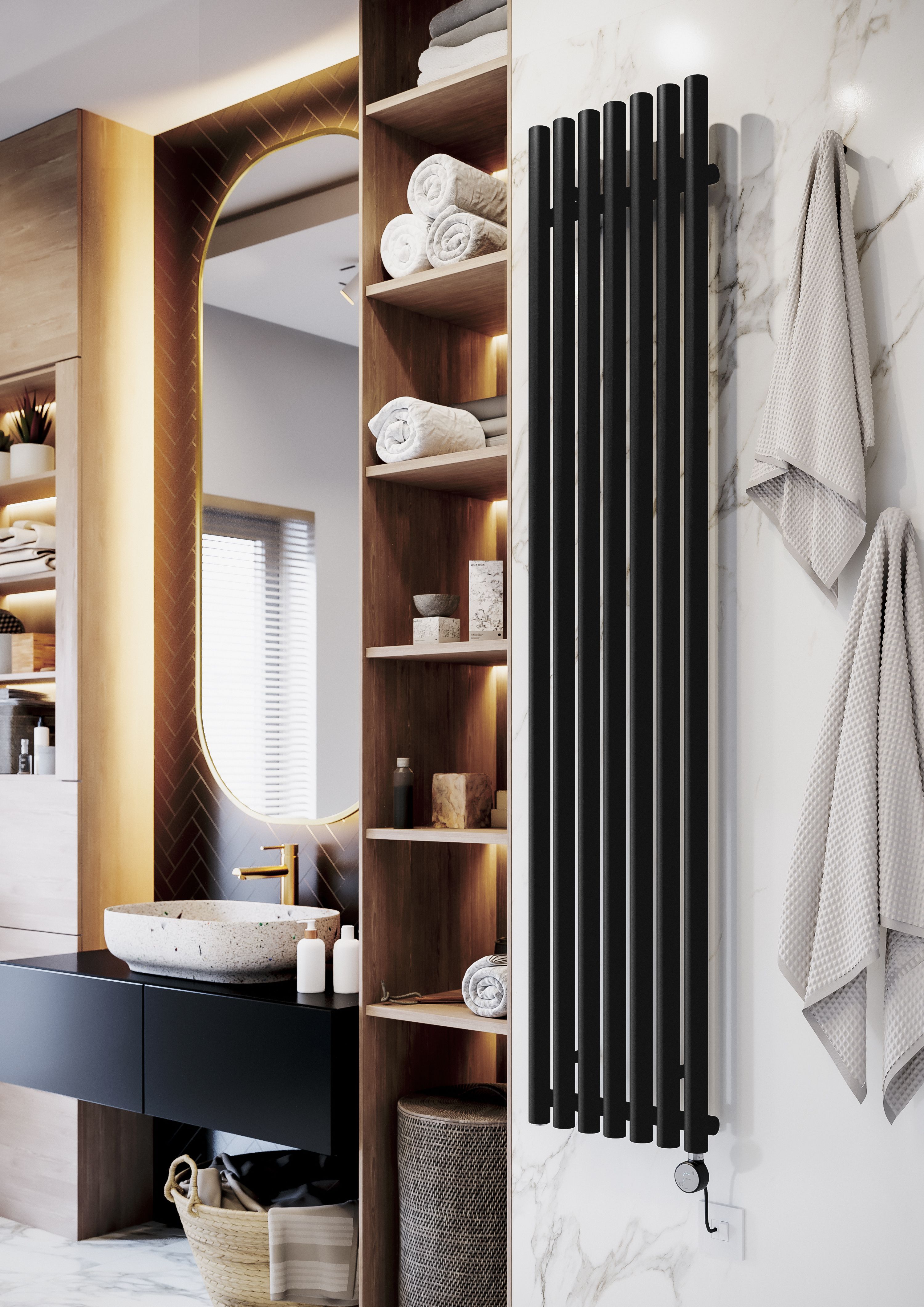 Terma Rolo Room Matt heban black Vertical Electric designer Radiator, (W)370mm x (H)1800mm