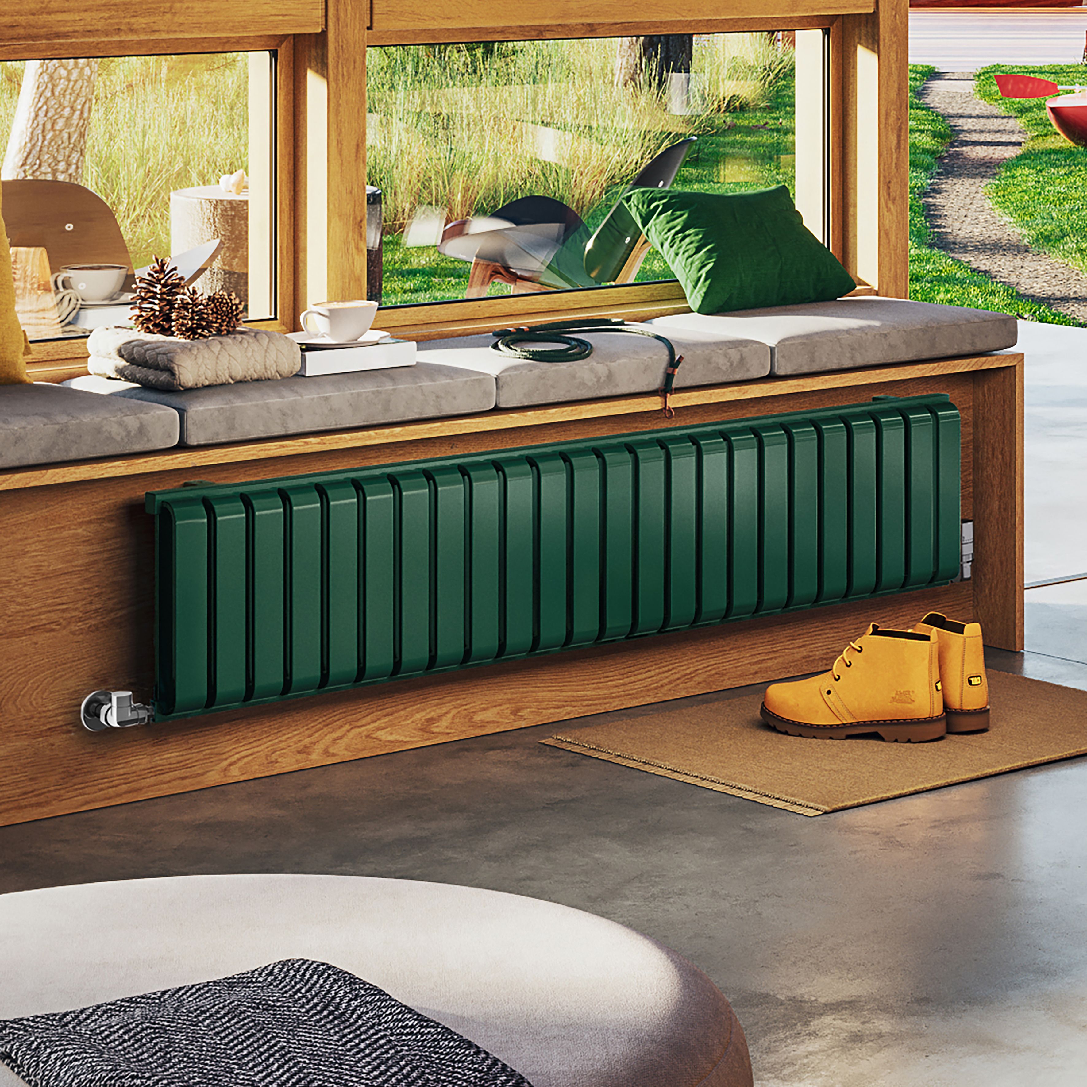 Terma Warp Room Green Hydronic Horizontal Designer 3317BTU Radiator, (W)1565mm x (H)330mm