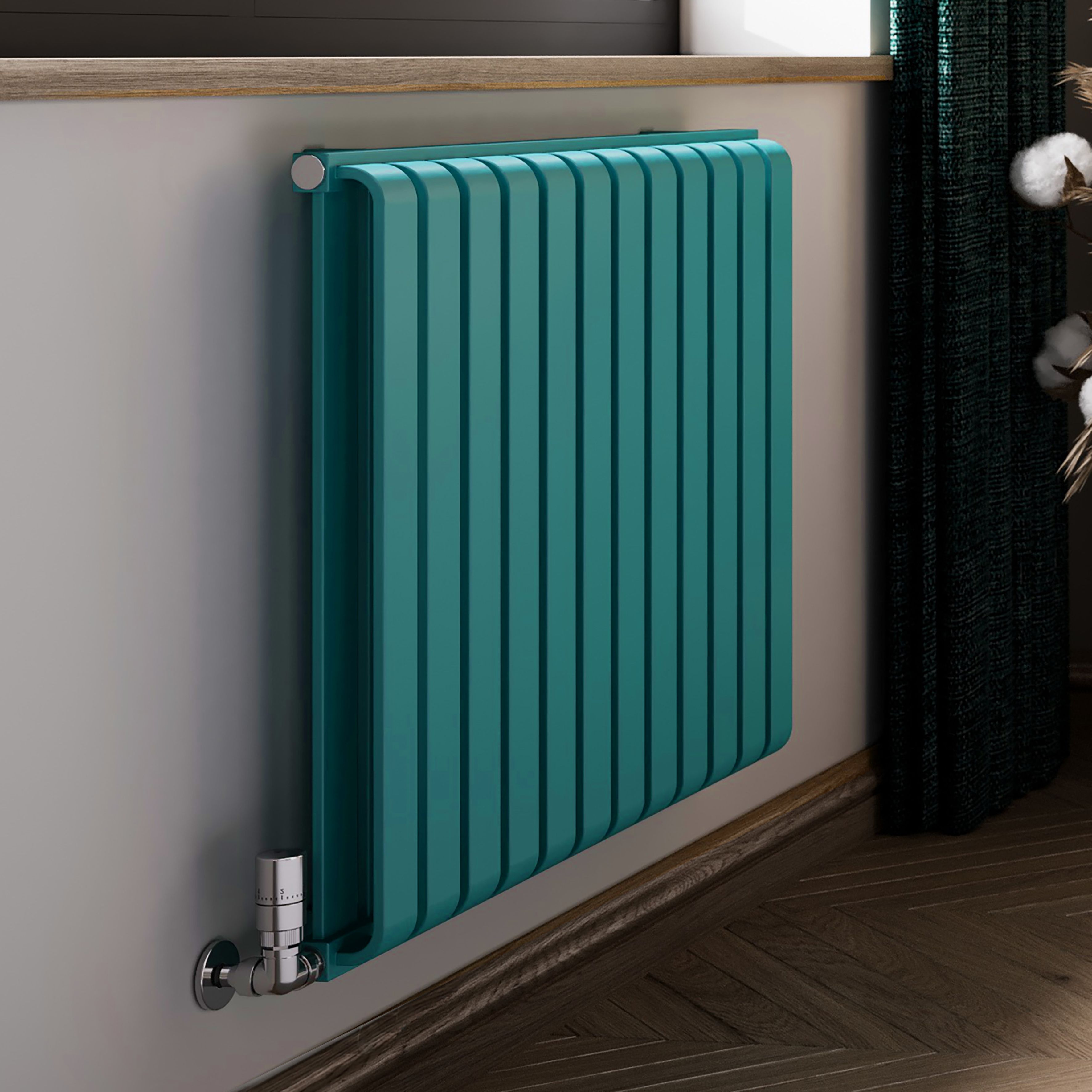 Terma Warp Room Teal Hydronic Horizontal Designer 2960BTU Radiator, (W)785mm x (H)630mm