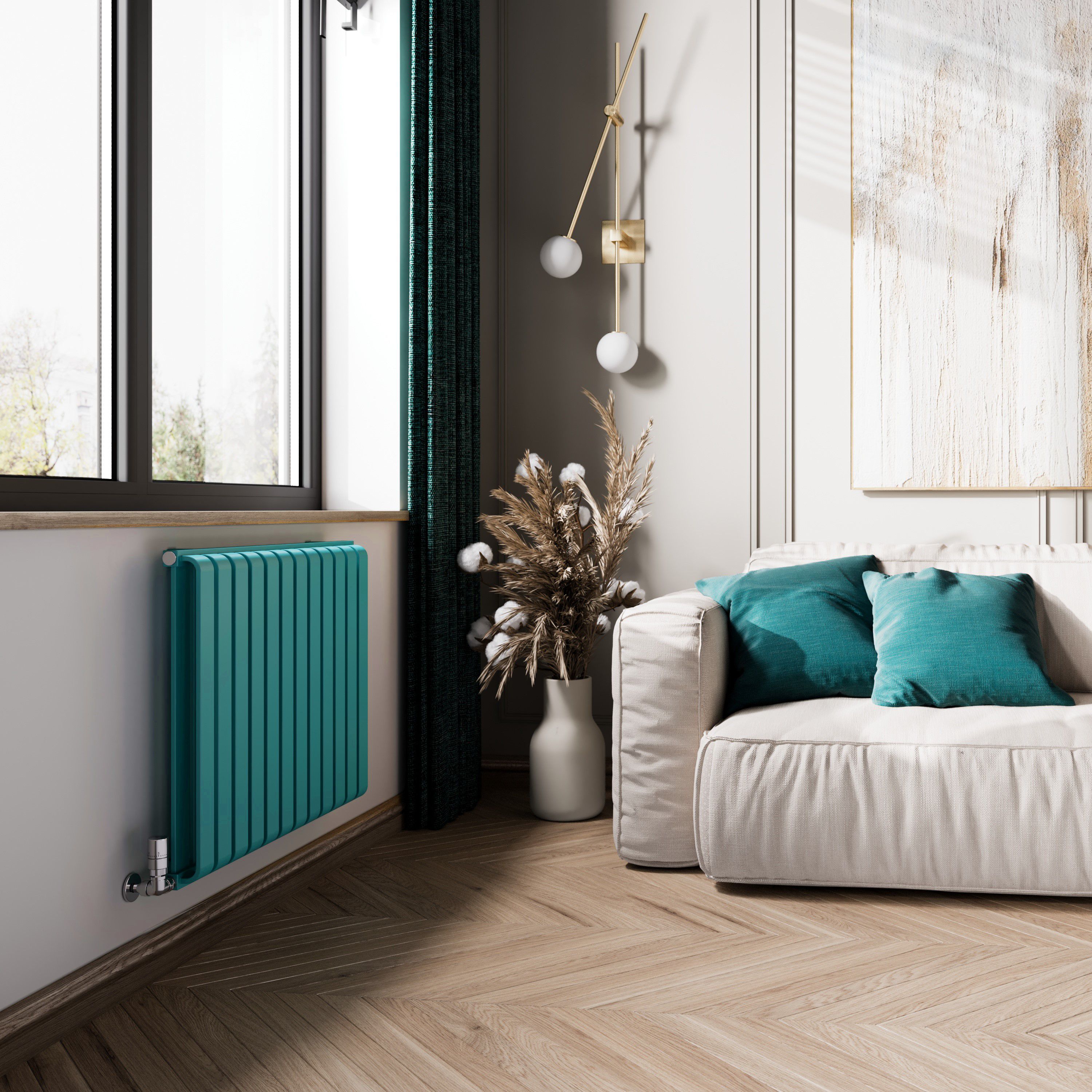 Terma Warp Room Teal Hydronic Horizontal Designer 2960BTU Radiator, (W)785mm x (H)630mm