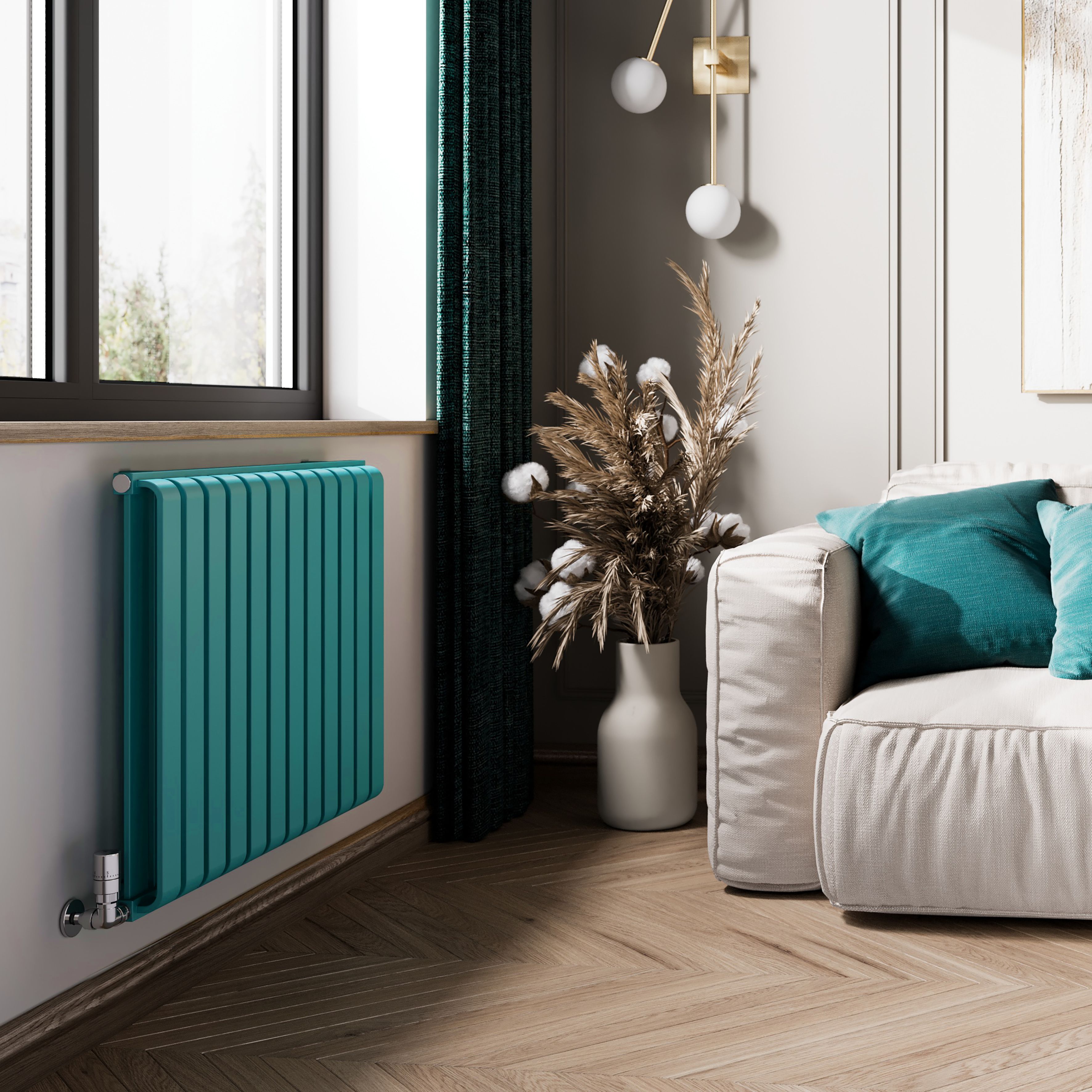 Terma Warp Room Teal Hydronic Horizontal Designer 2960BTU Radiator, (W)785mm x (H)630mm