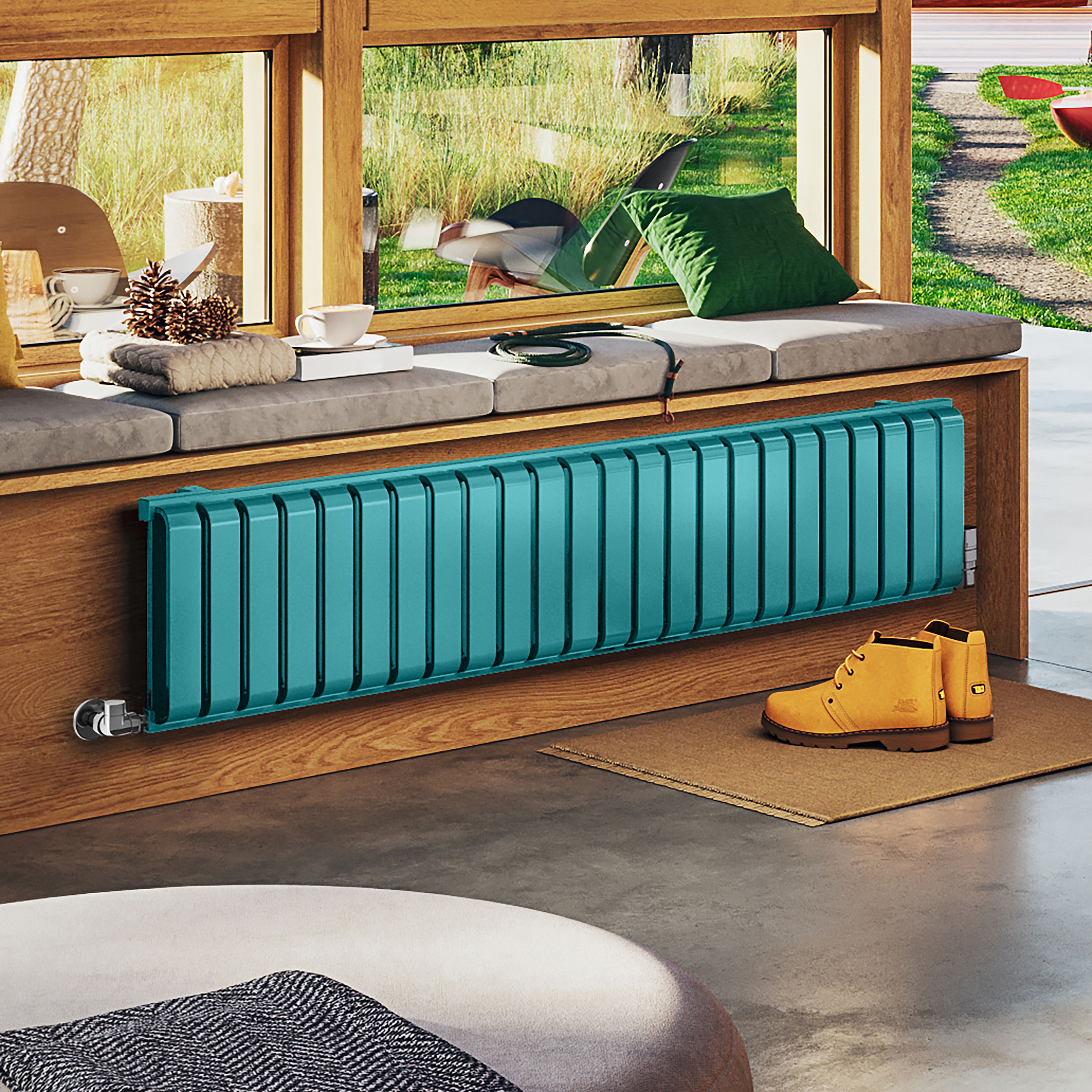 Terma Warp Room Teal Hydronic Horizontal Designer 3317BTU Radiator, (W)1565mm x (H)330mm