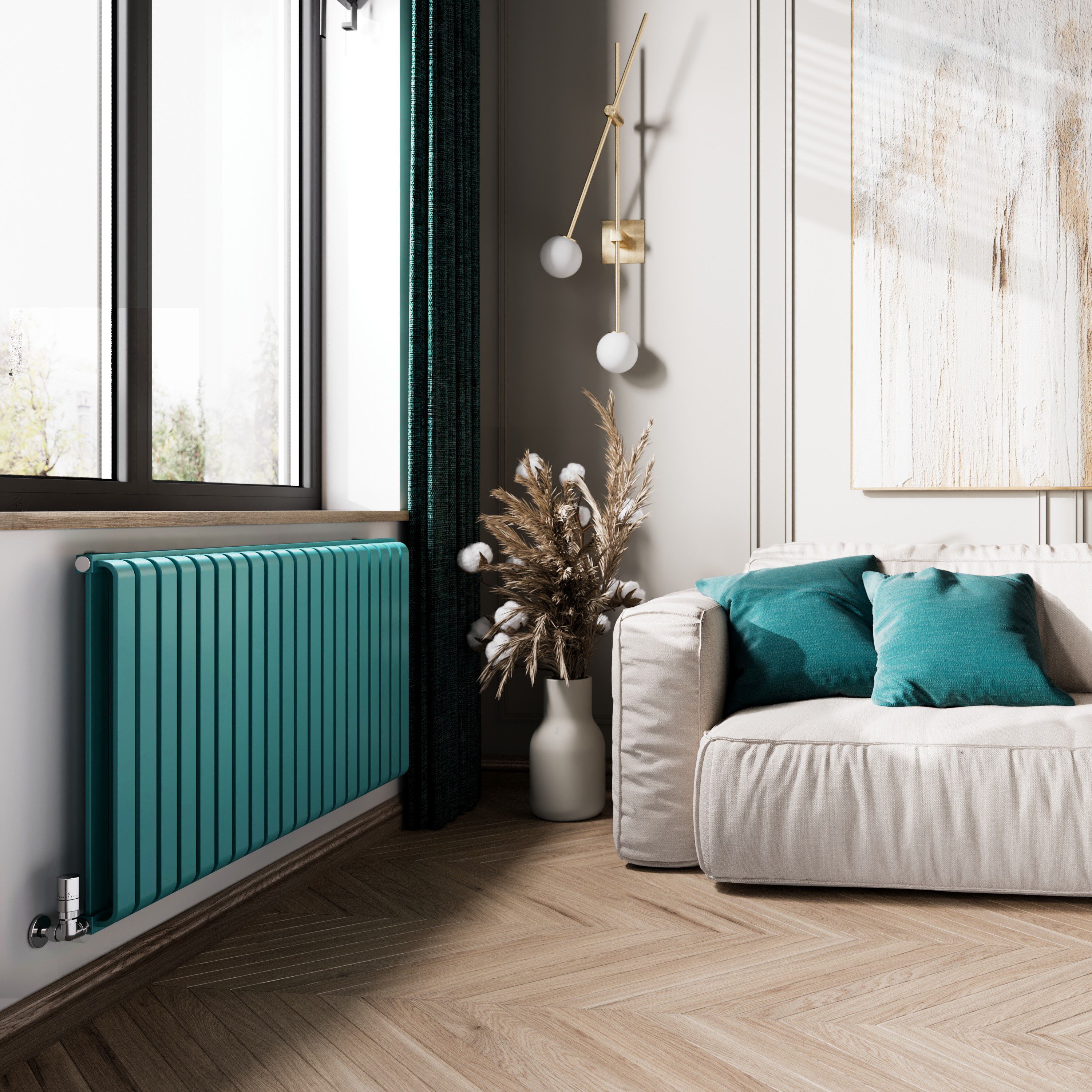 Terma Warp Room Teal Hydronic Horizontal Designer 4931BTU Radiator, (W)1305mm x (H)630mm