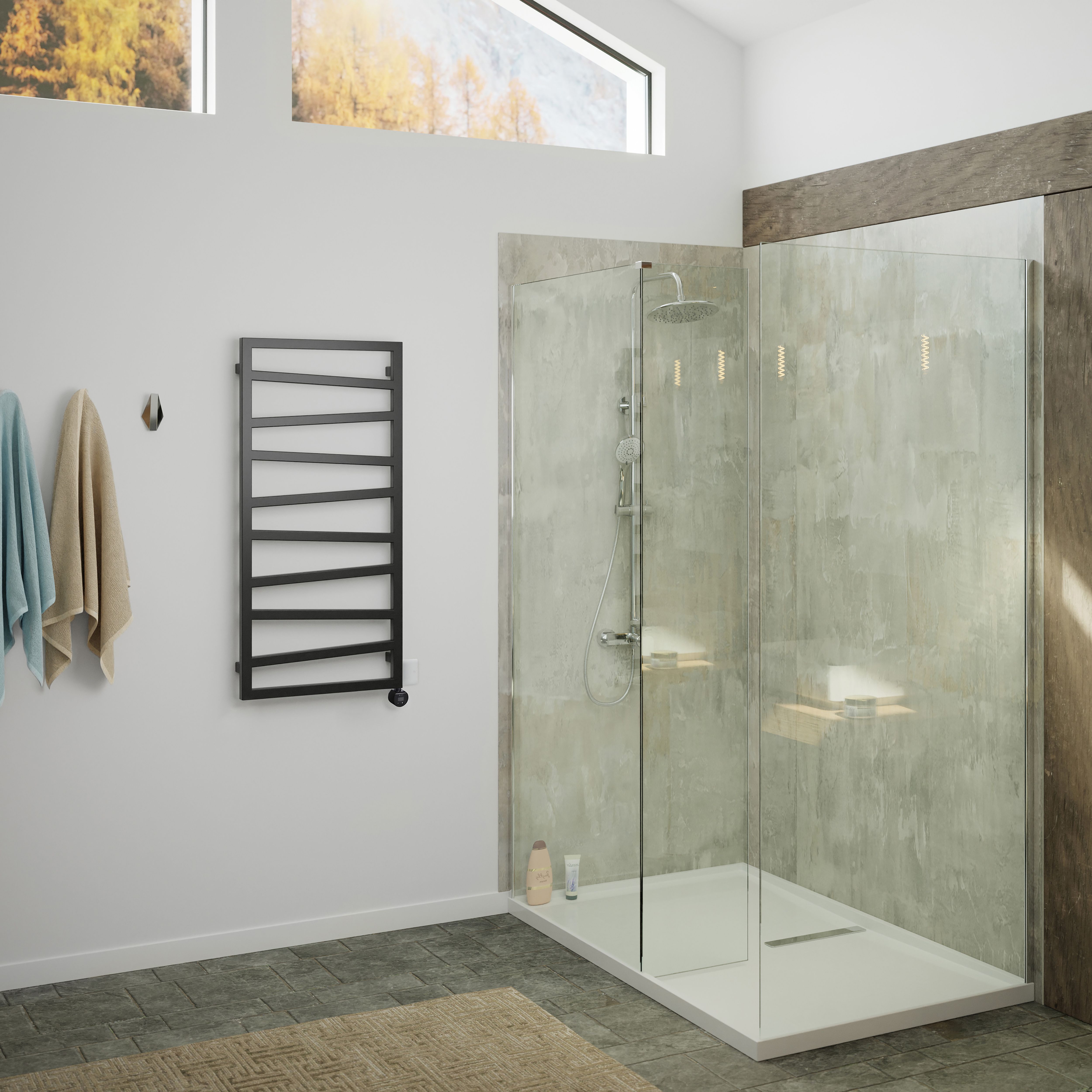 Terma Zig Zag Matt heban black Oil-filled 1364BTU Electric towel radiator (H) 1070mm x (W) 500mm