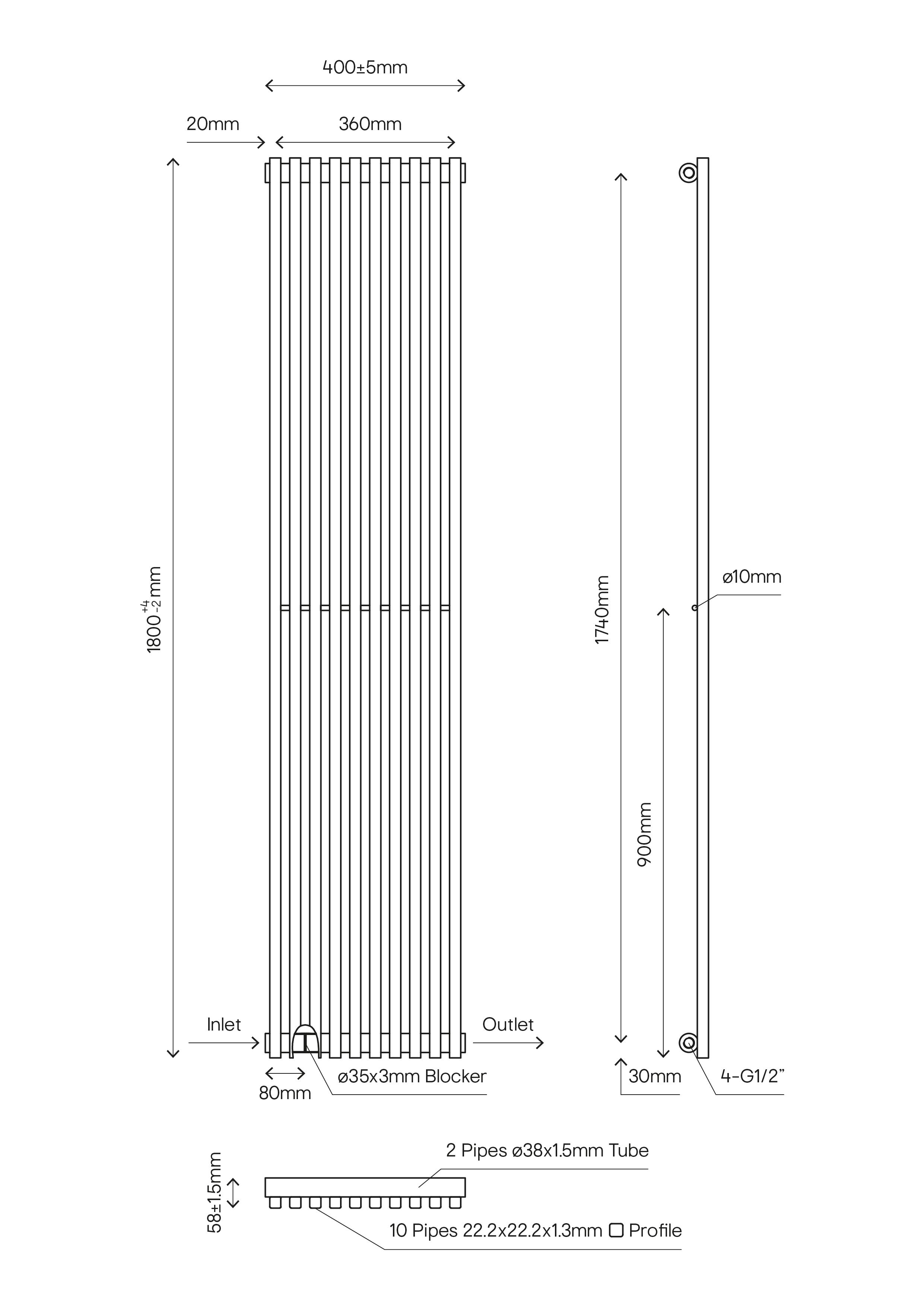 Thorpe Anthracite Vertical Designer Radiator, (W)400mm x (H)1800mm