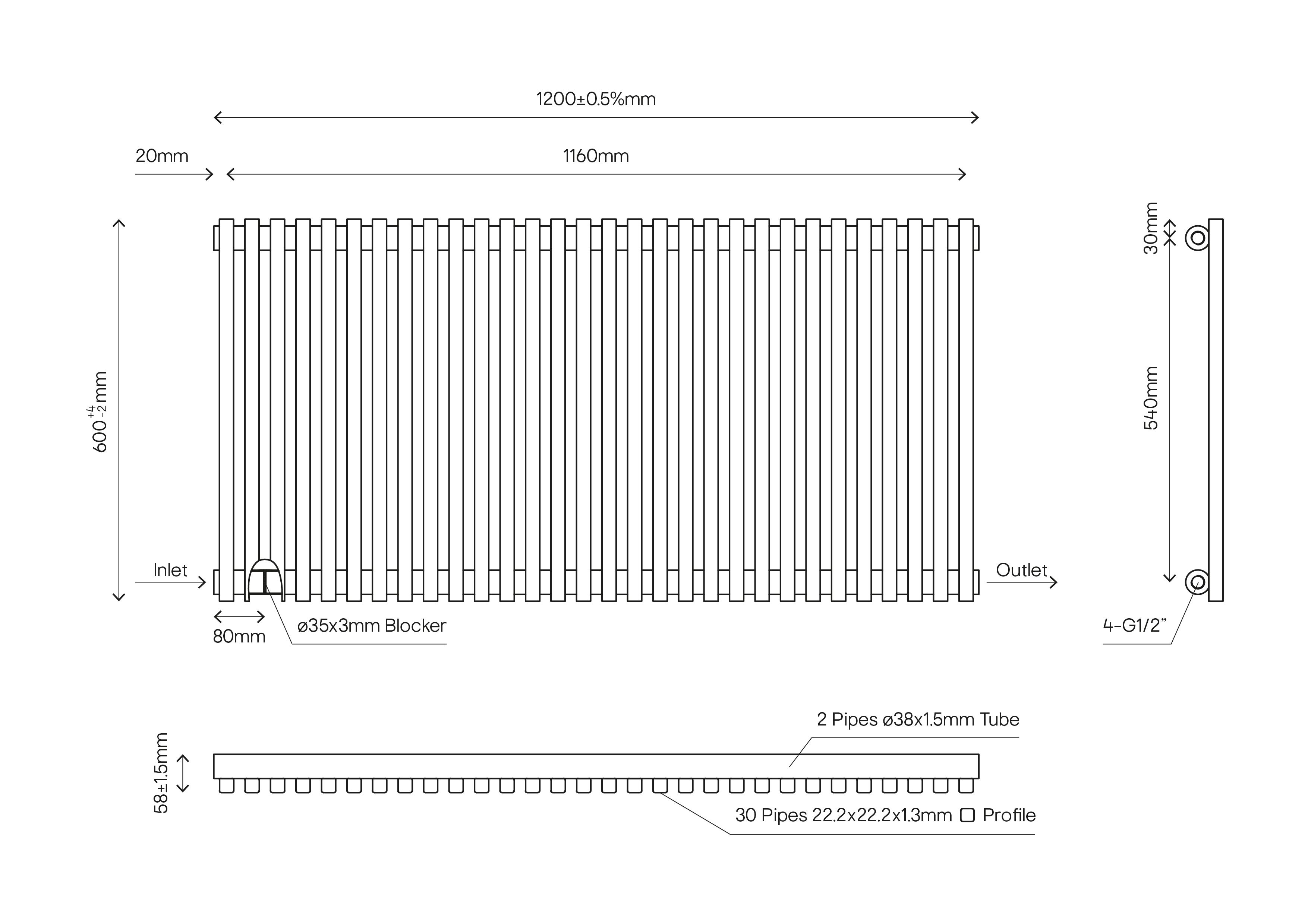 Thorpe White Horizontal Designer Radiator, (W)1200mm x (H)600mm