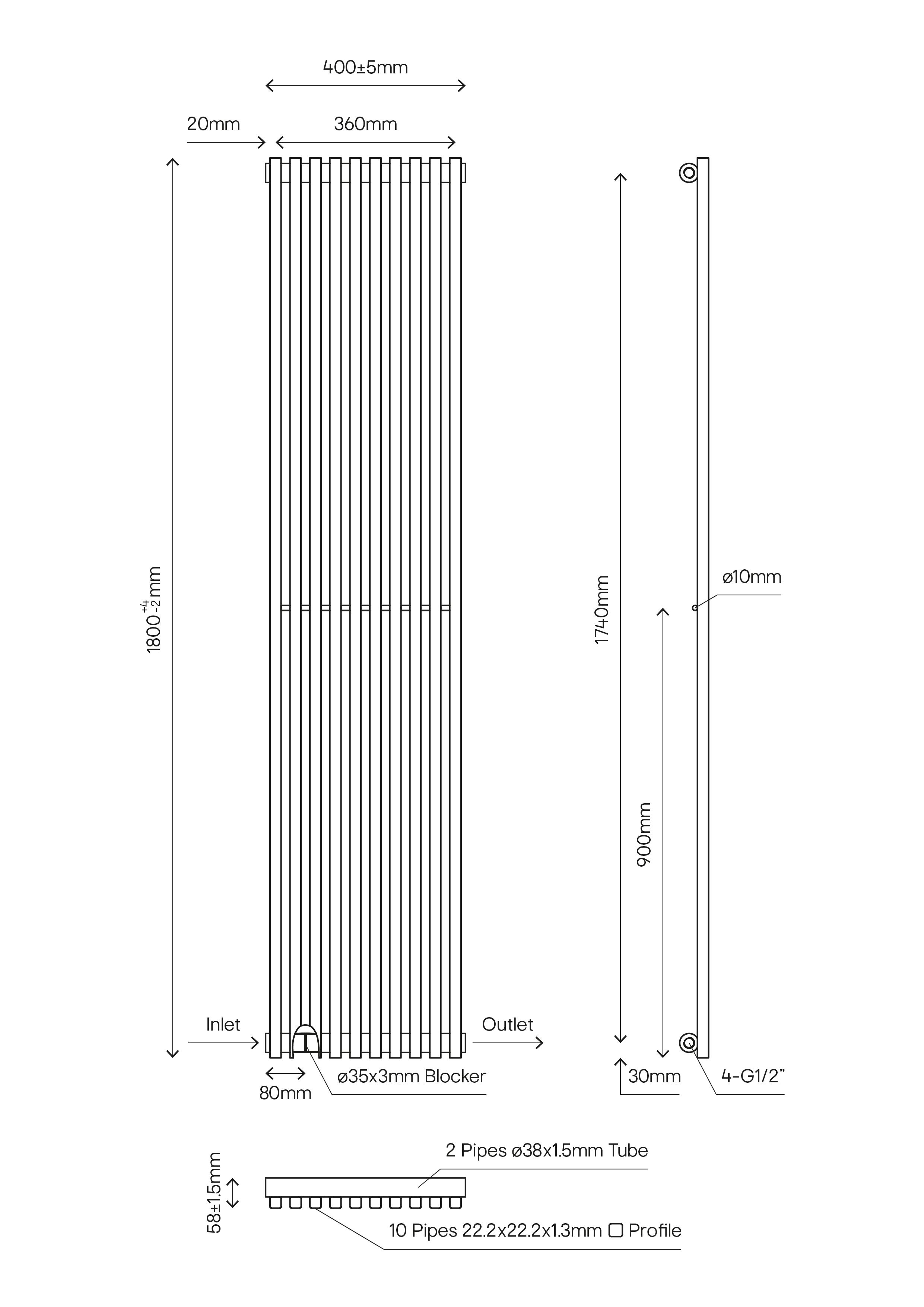 Thorpe White Vertical Designer Radiator, (W)400mm x (H)1800mm
