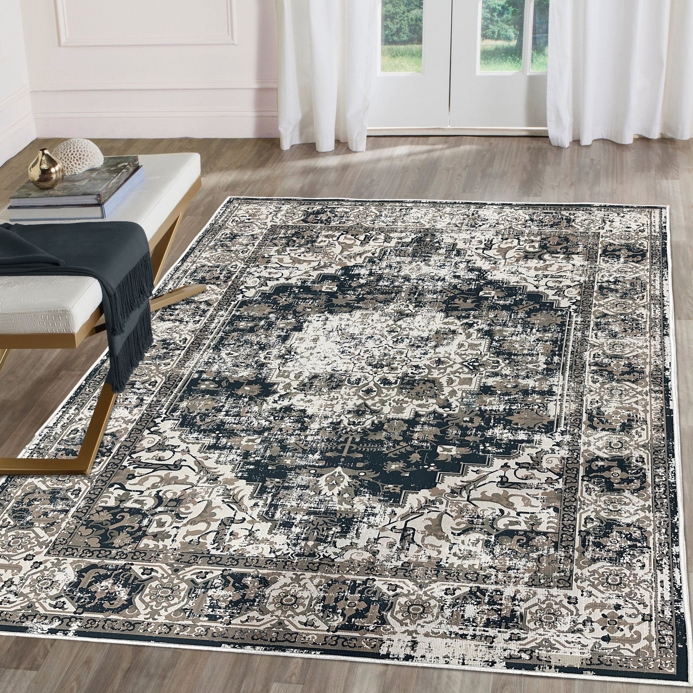 Tokyo Teal & Beige Medallion Medium Rug, (L)160cm x (W)120cm