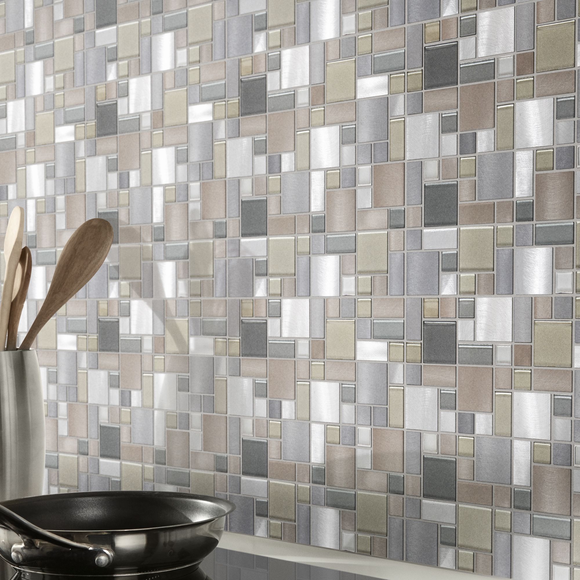 Tourino Grey Aluminium & glass Mosaic tile sheet, (L)300mm (W)300mm