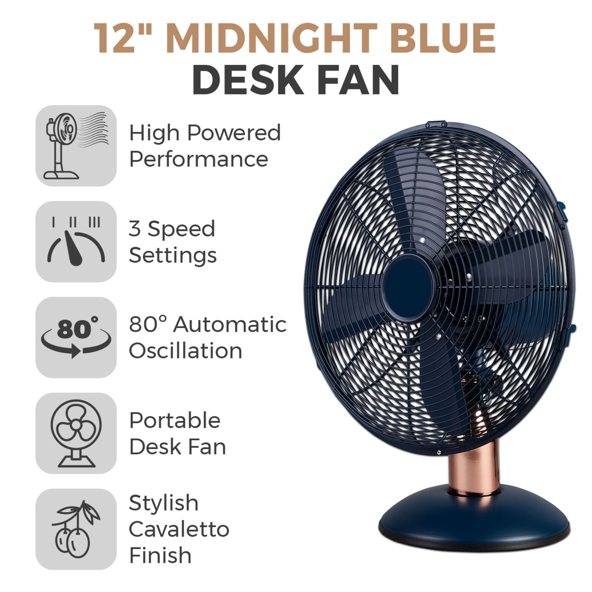Tower Cavaletto Midnight blue & rose gold 12" 35W Desk fan