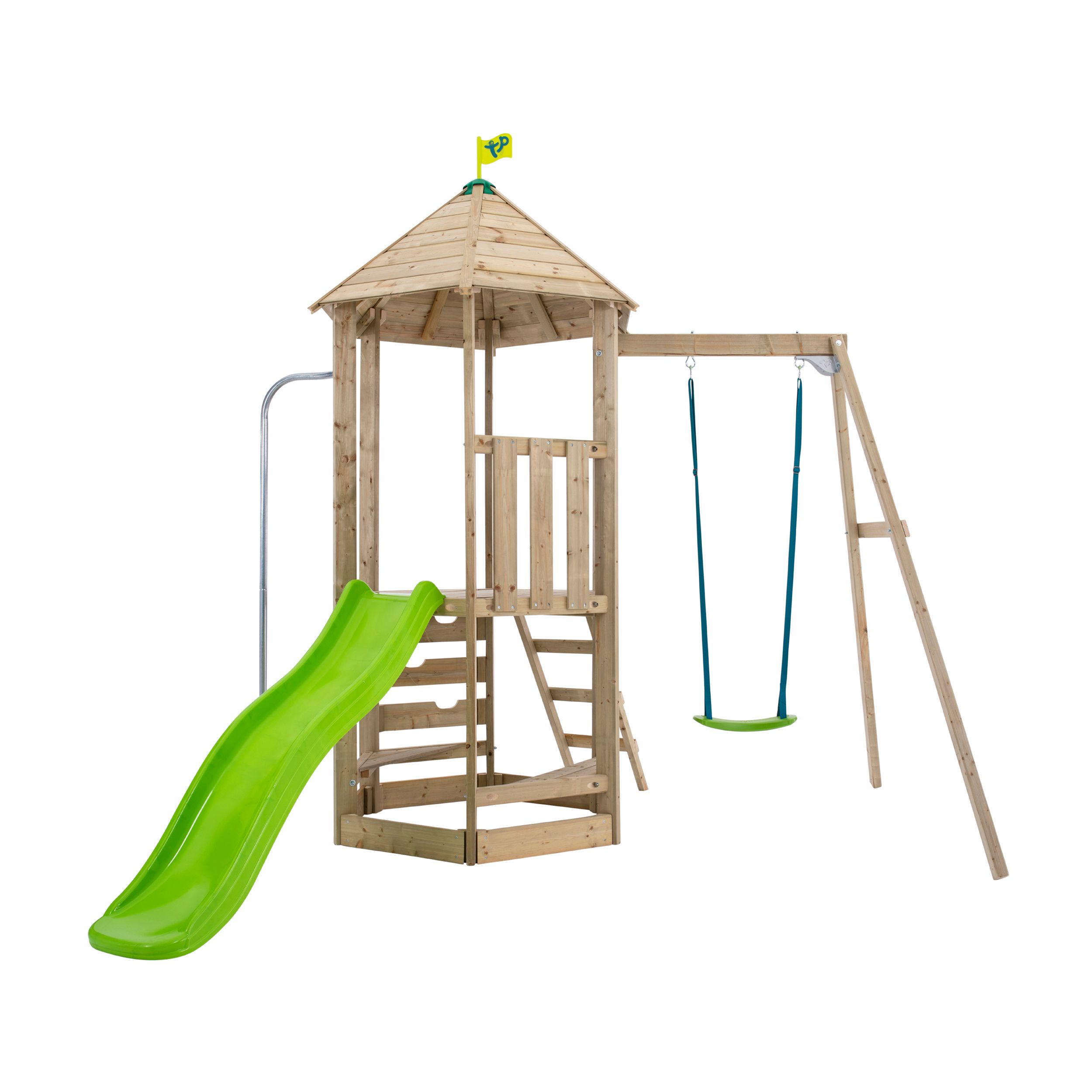 TP Toys Castlewood Brown & Green Wood Swing & slide (L) 2680mm x (W) 3340mm