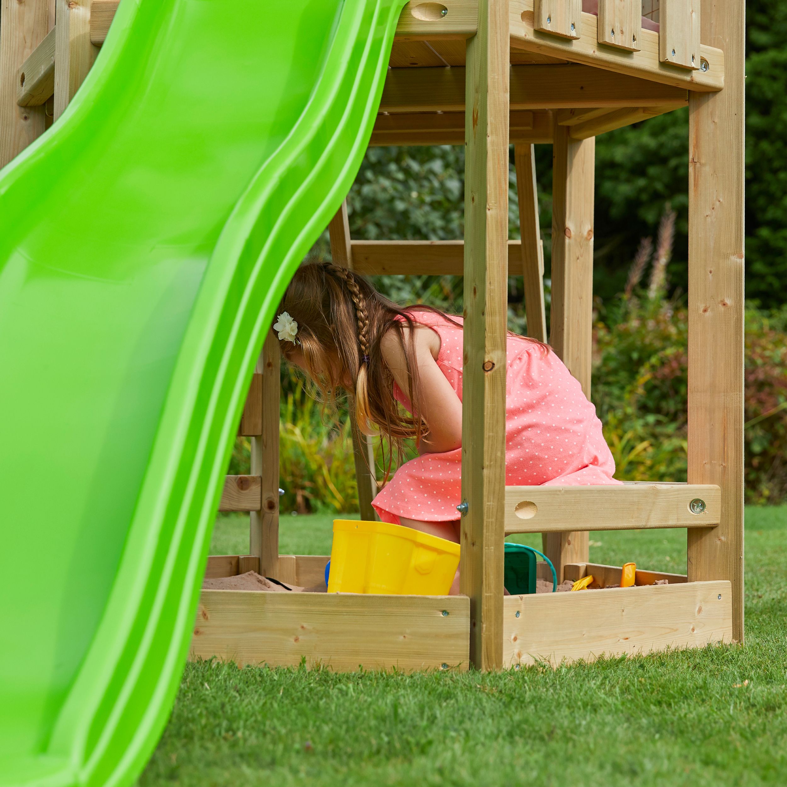 TP Toys Castlewood Brown & Green Wood Swing & slide (L) 2680mm x (W) 3340mm