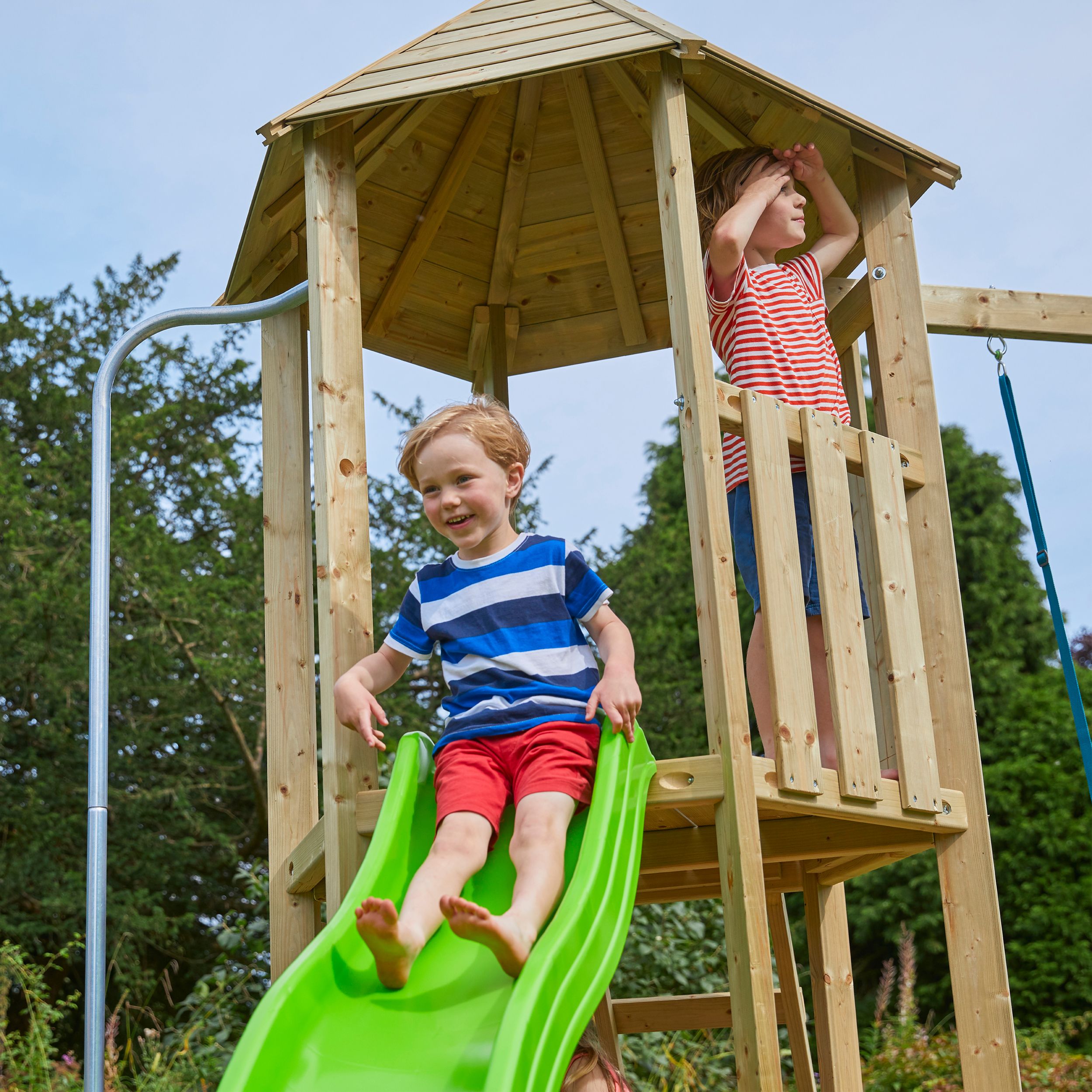 TP Toys Castlewood Brown & Green Wood Swing & slide (L) 2680mm x (W) 3340mm